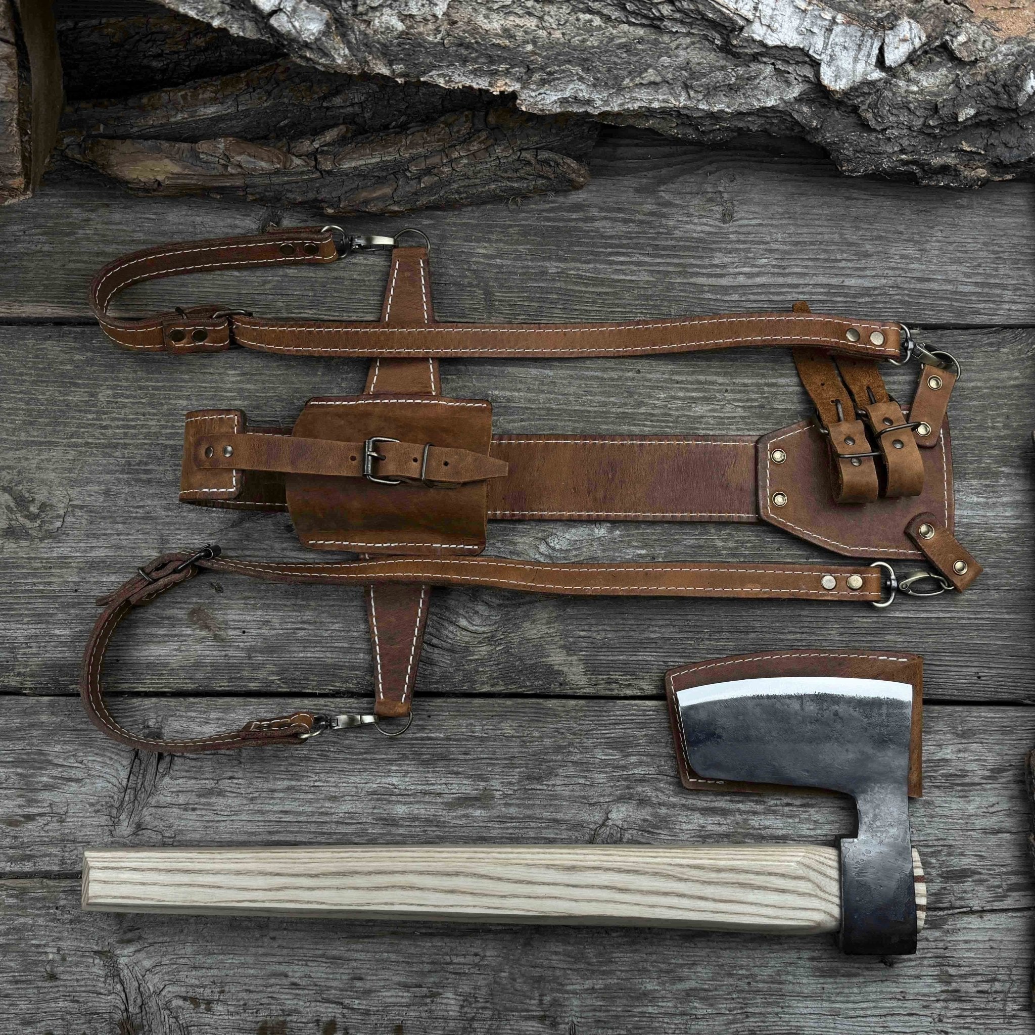 Carpenter’s Axe with leather shoulder sheath by Sharky Forged Steel Tools