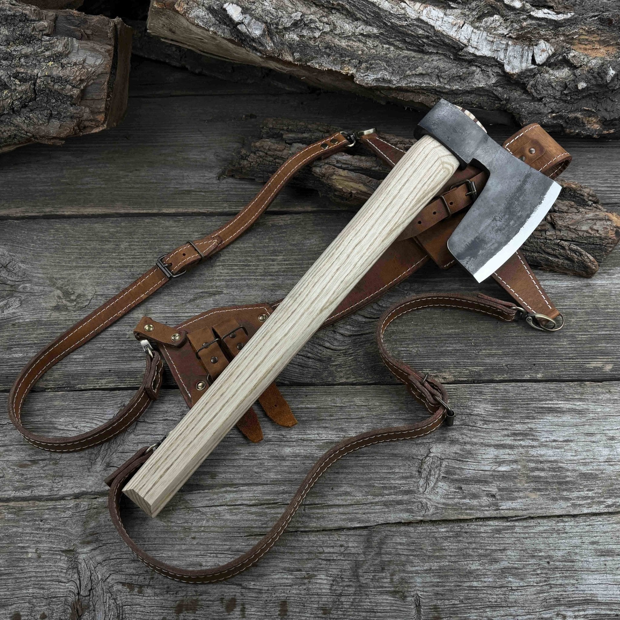 Carpenter’s Axe with leather shoulder sheath by Sharky Forged Steel Tools