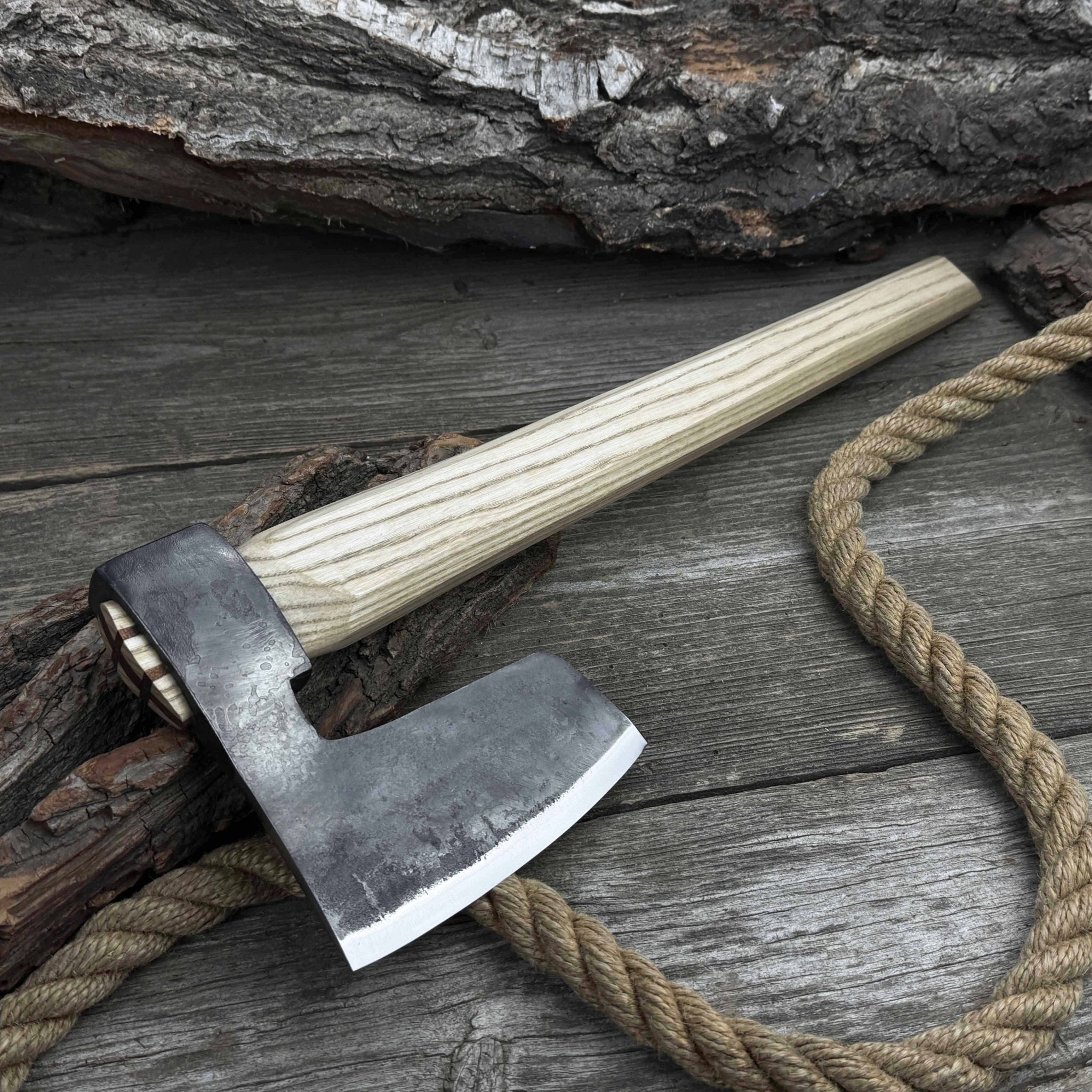Carpenter’s Axe with leather shoulder sheath by Sharky Forged Steel Tools