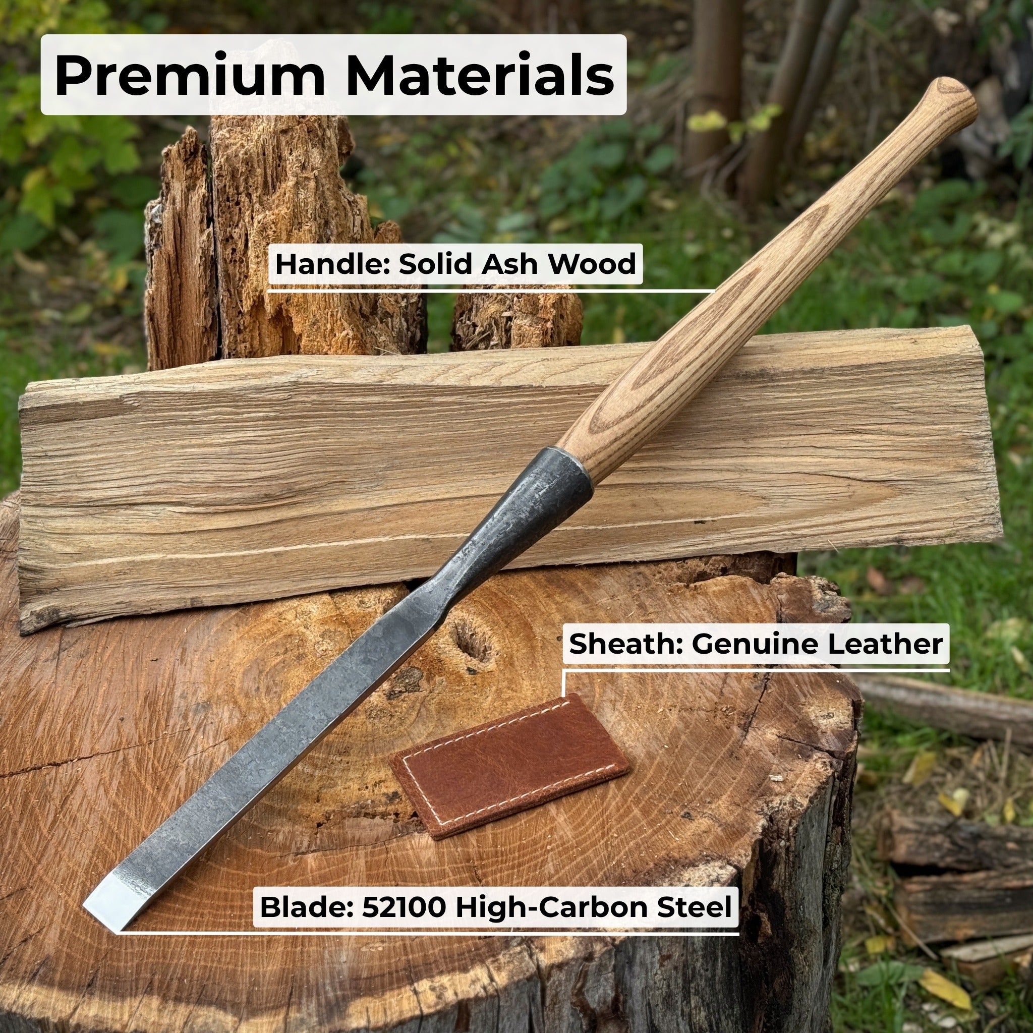 Hand-forged Carpenters Slick Chisel with ash handle and leather edge guard