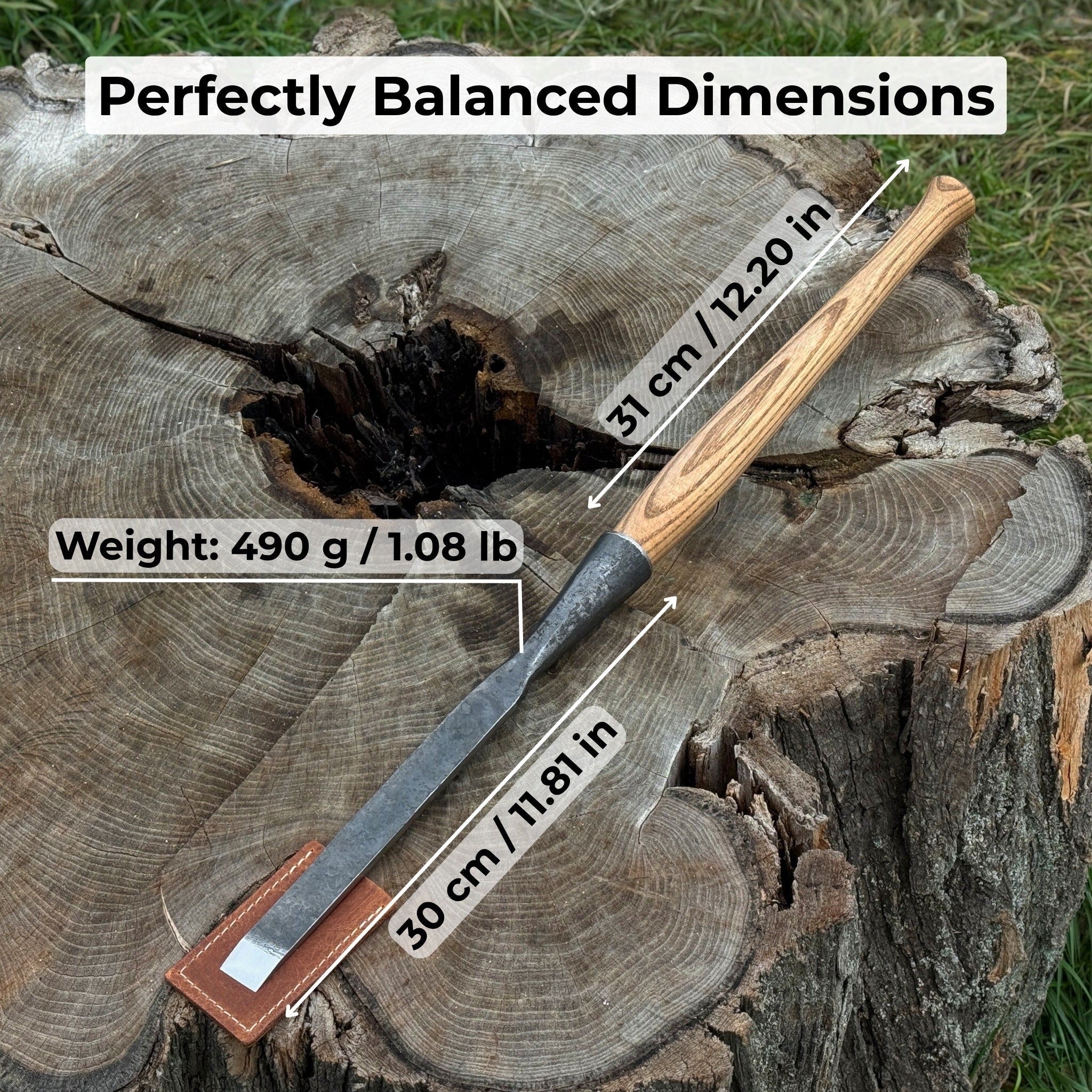 Hand-forged Carpenters Slick Chisel with ash handle and leather edge guard