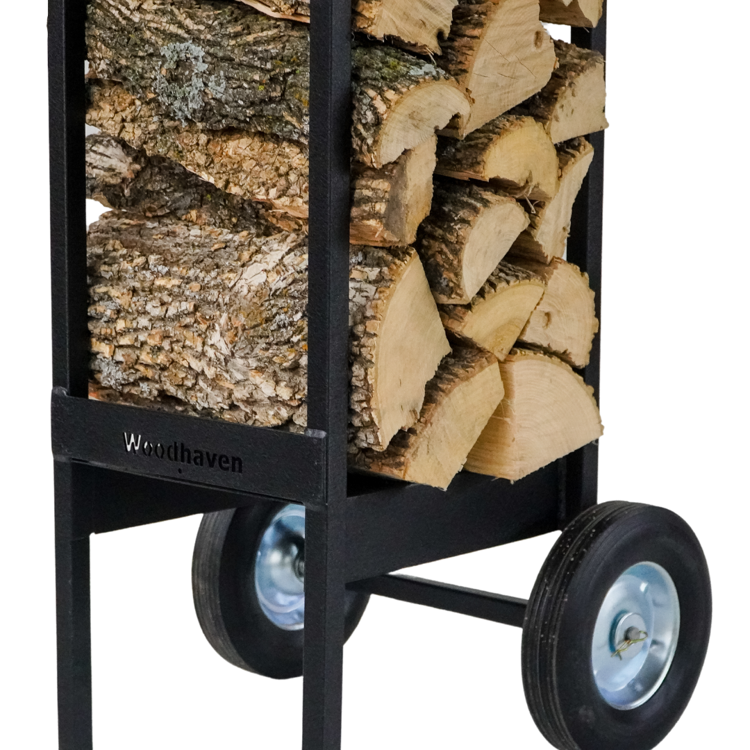 Woodhaven Firewood Cart with solid rubber wheels and steel frame