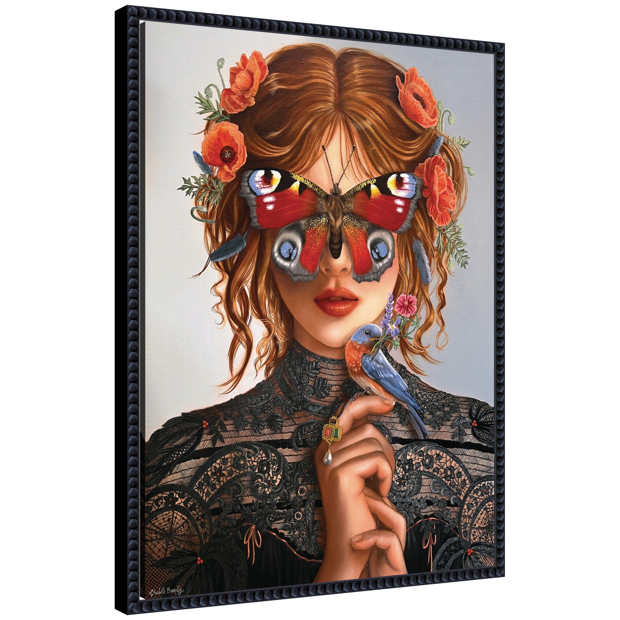 Dreamer by Charlotte Brindley framed canvas wall art print showing whimsical illustration in black beaded frame