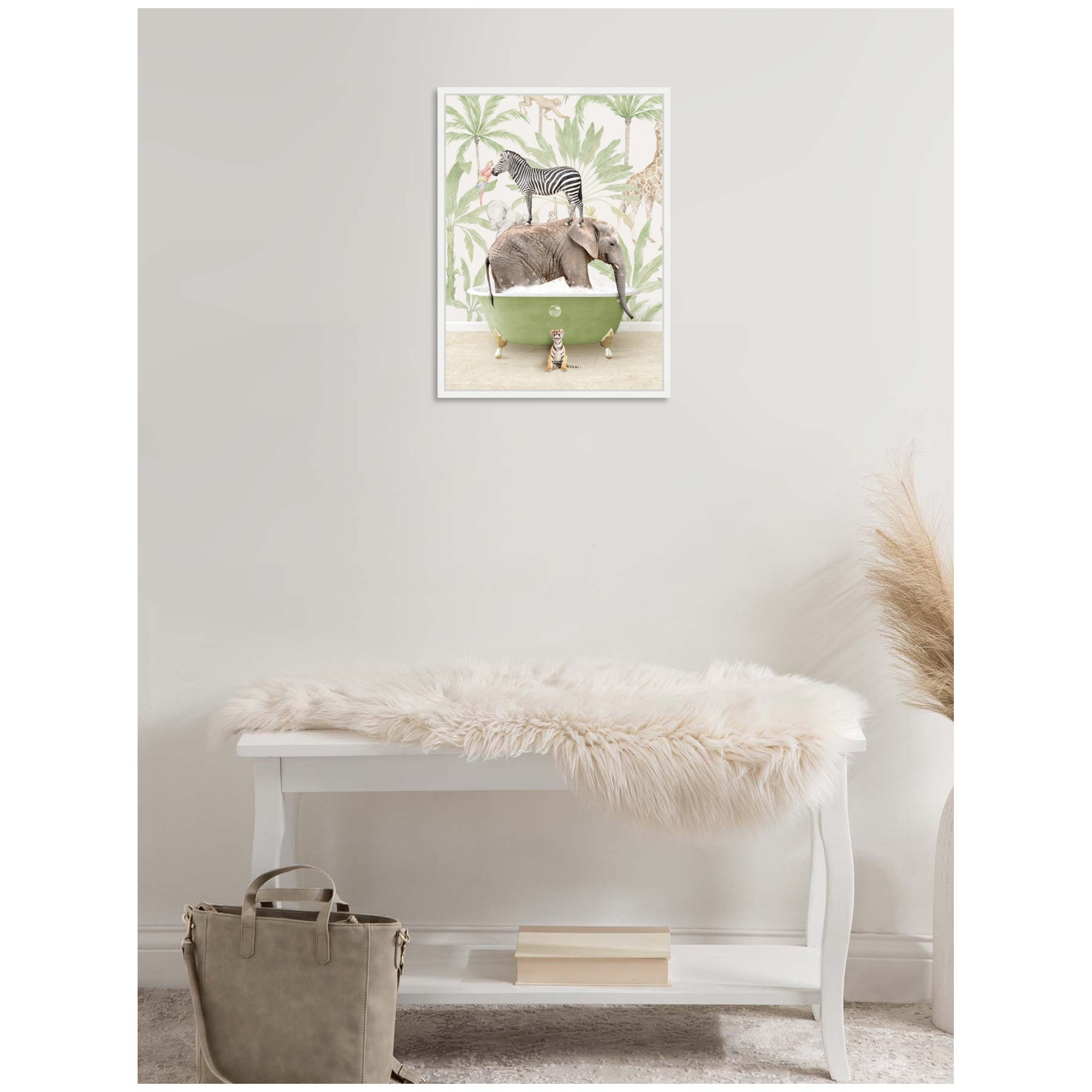 Sylvie Zebra Elephant and Weasel in Wild Safari Bathtub Framed Canvas by Amy Peterson