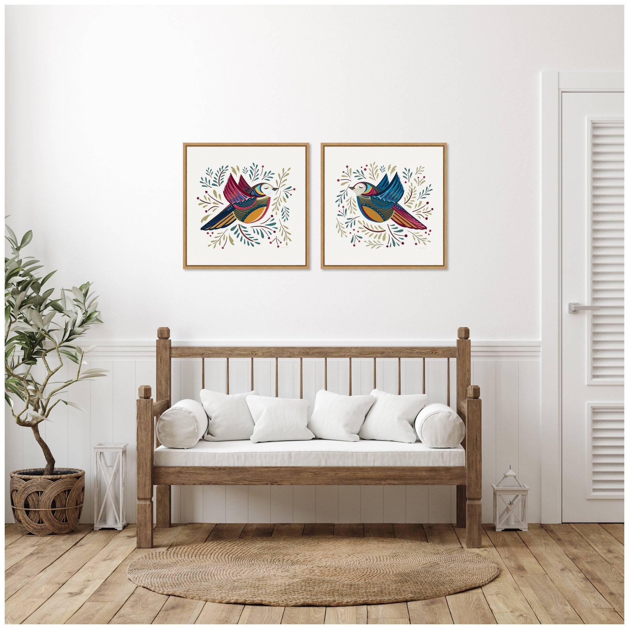 Sylvie Peace Birds Red and Blue Framed Canvas Art Set by Carey Copeland