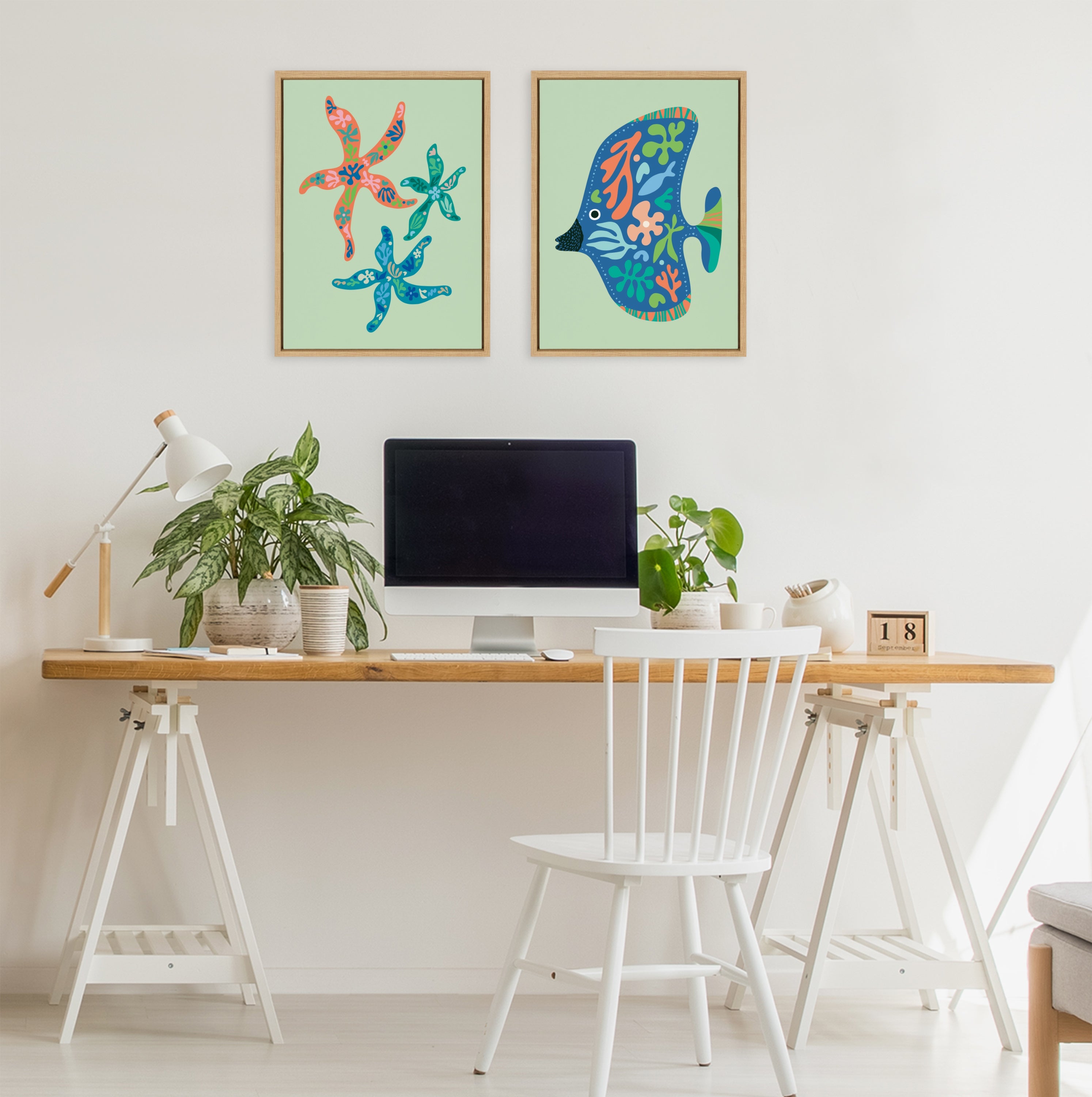 Sylvie Modern Colorful Starfish and Tropical Fish Framed Canvas Art Set by Rachel Lee