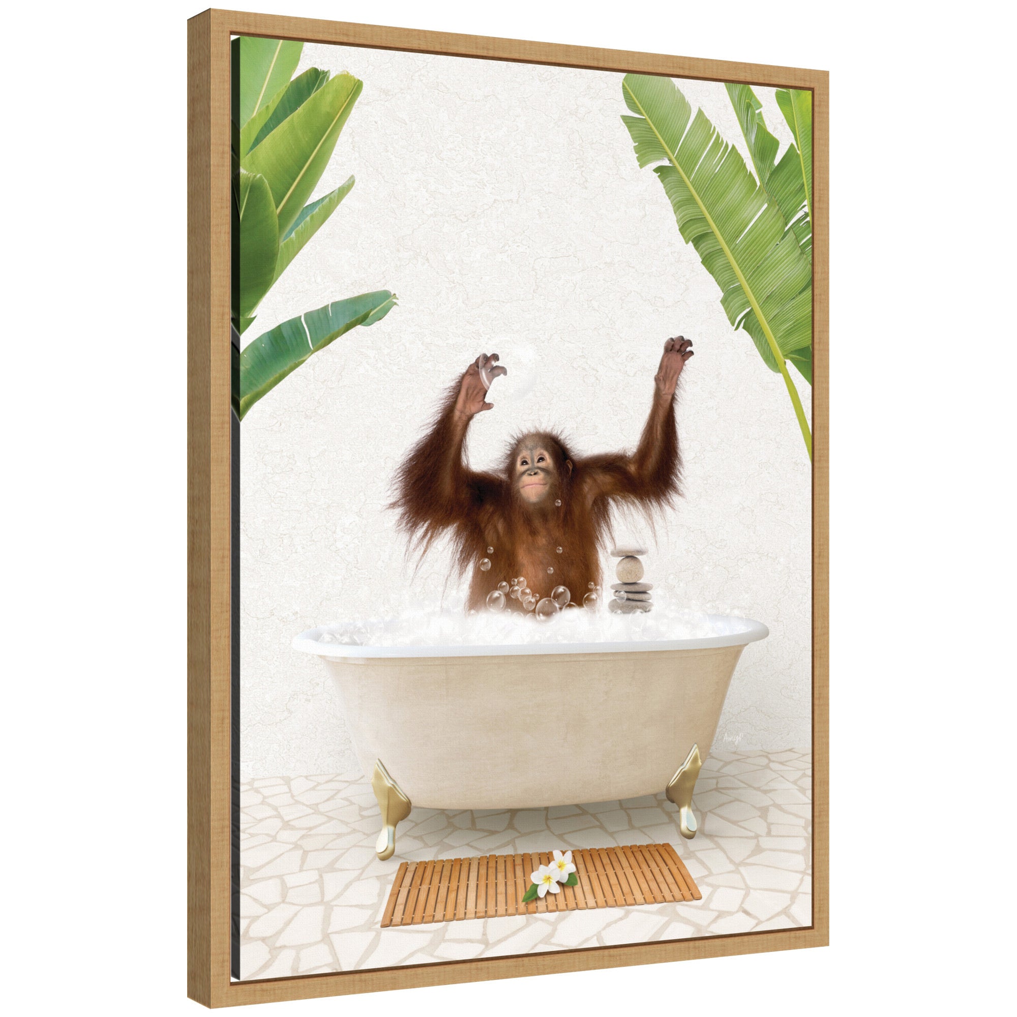 Framed floating canvas art depicting an orangutan sitting in a Bali bathtub, with muted natural tones and intricate detail.