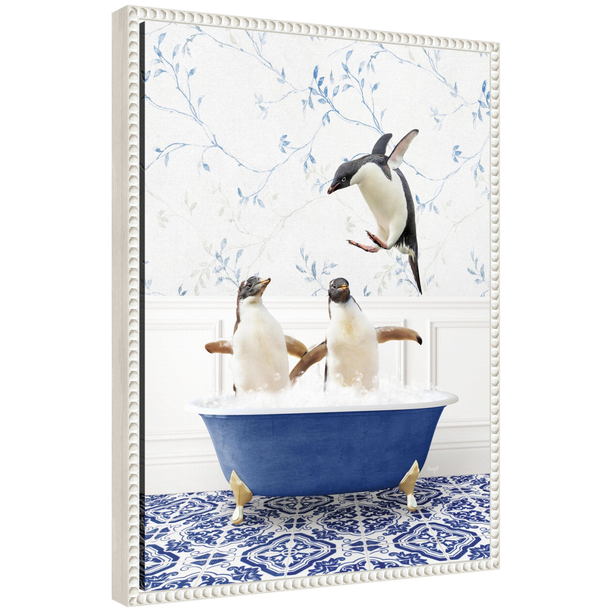 Sylvie Penguins in Eclectic Blue Bath framed canvas art by Amy Peterson showing whimsical penguins in blue bath setting