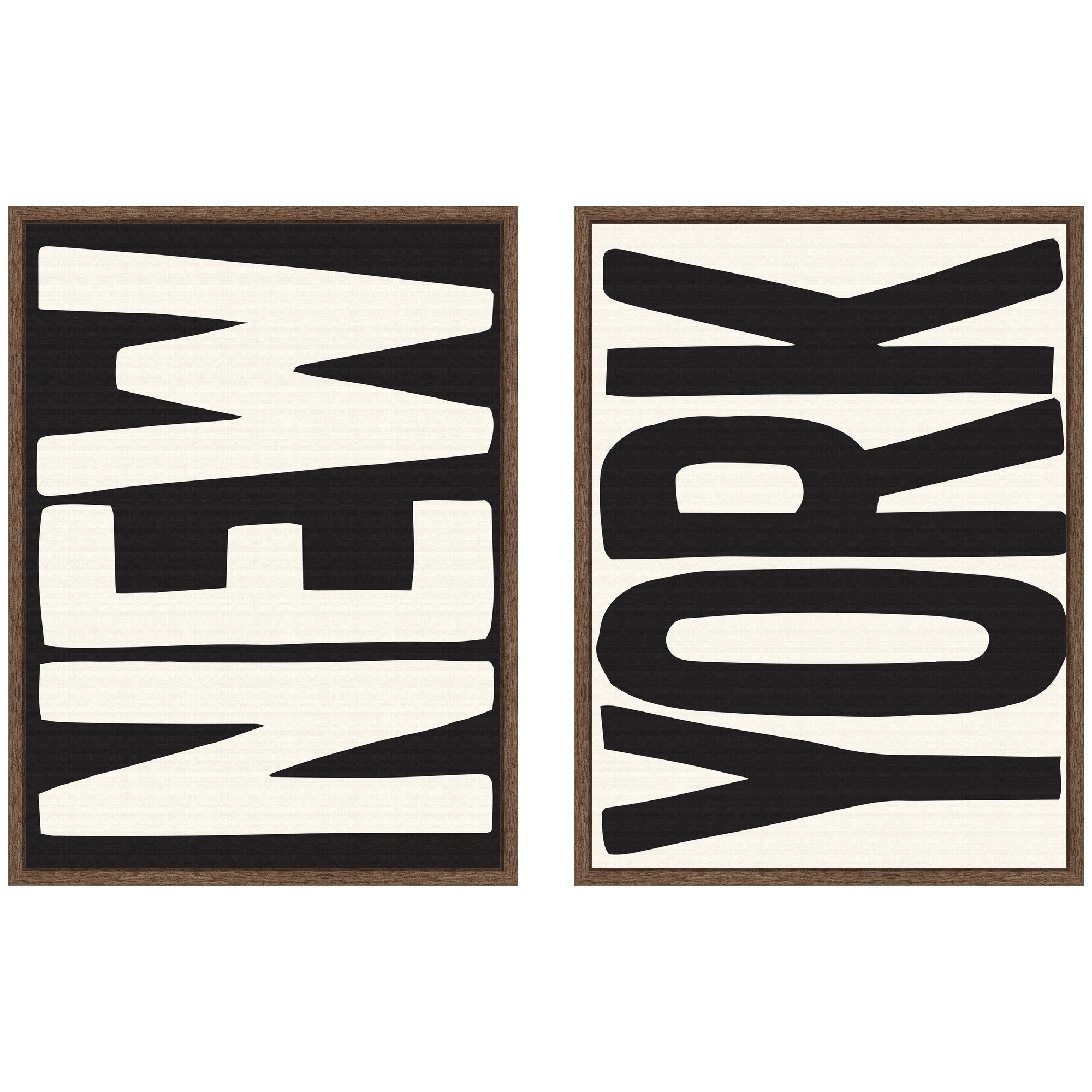New York Set Print Travel City Typography Black and White 2 Piece Framed Canvas Wall Art Set by Lucky Guava displayed in a room