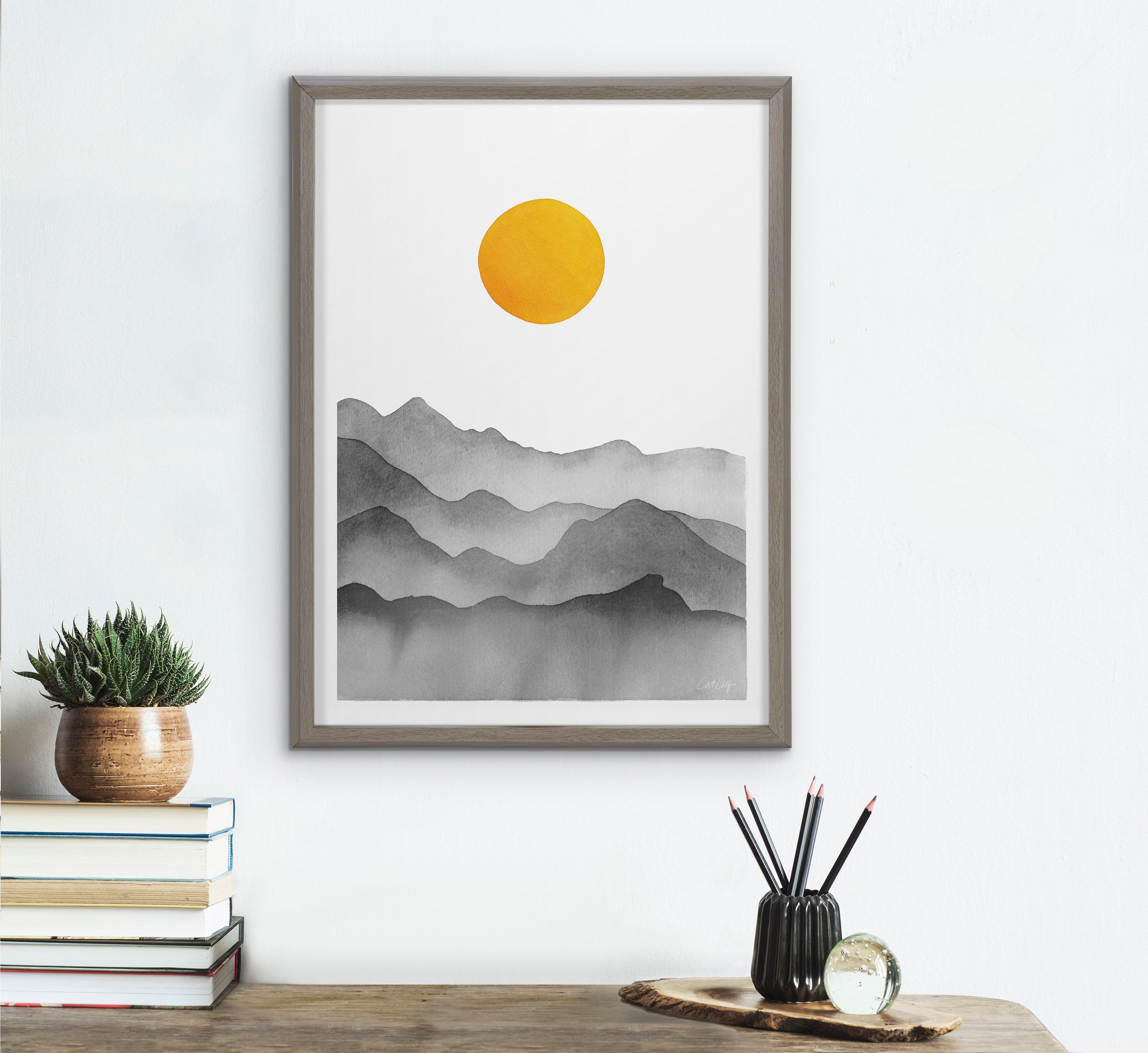 Blake Black Yellow Mountain Range Silhouette Framed Printed Glass