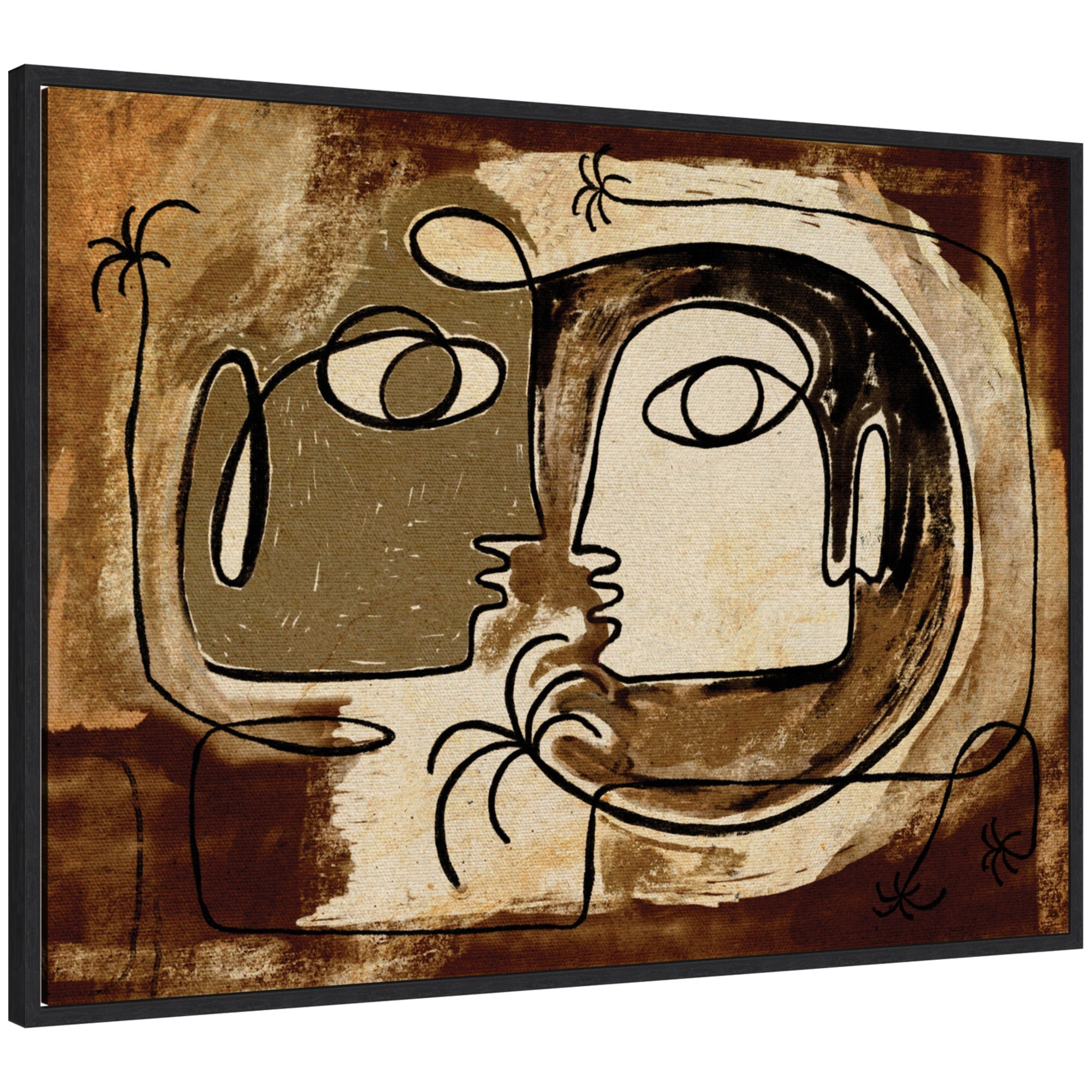Abstract framed canvas art titled 'What Secrets Do The Palms Whisper To The Earth' by Shatha Al Dafai showing floating frame with palm-inspired brush strokes