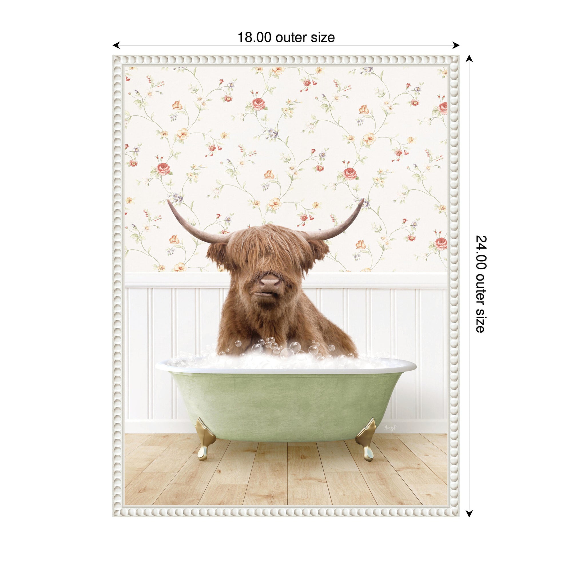 Sylvie Highland Cow in Cottage Farm Bath Framed Canvas by Amy Peterson