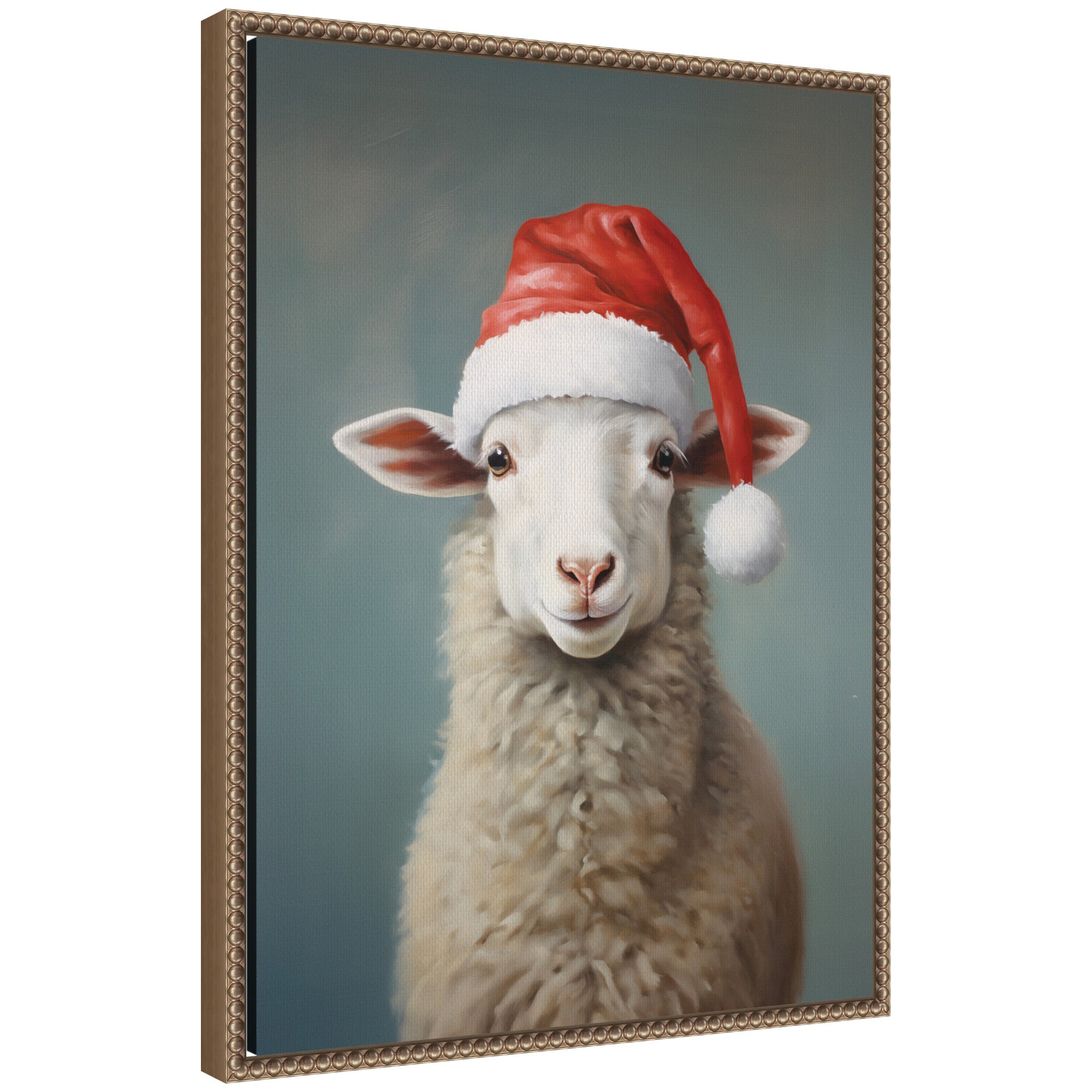 Sylvie Beaded Sweet Sheep Santa Hat Framed Canvas by The Creative Bunch Studio showing a sheep wearing a red Santa hat