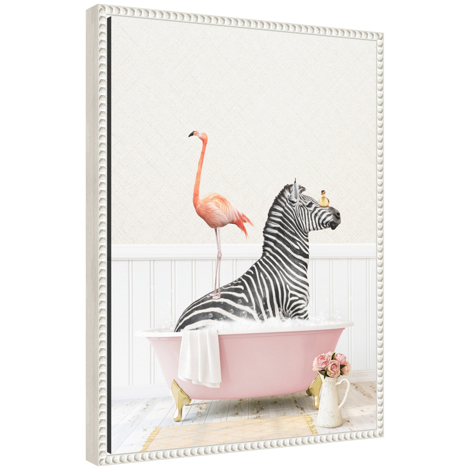 Sylvie Zebra and Flamingo in Cottage Rose Bathtub Framed Canvas by Amy Peterson by kateandlaurel