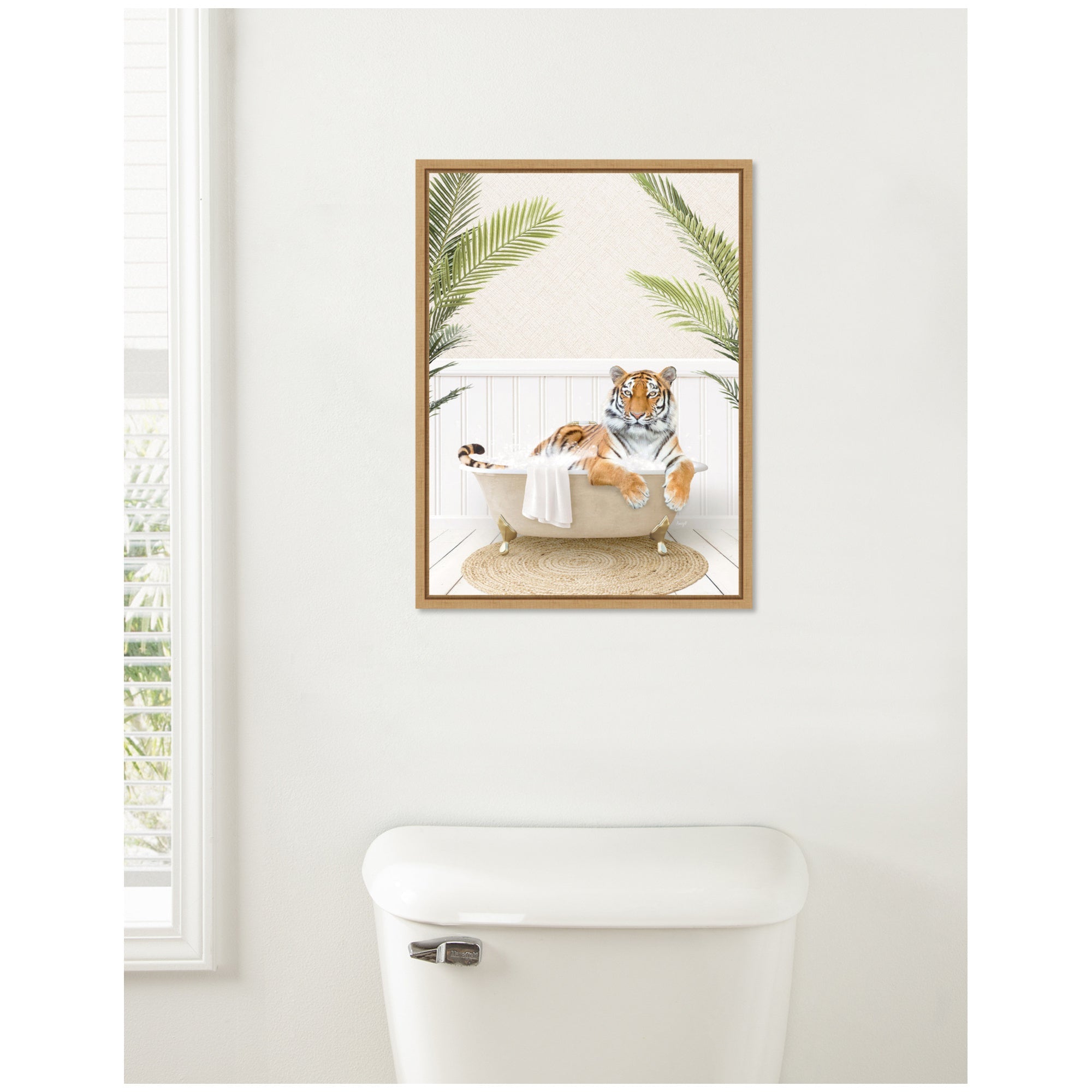 Sylvie Tiger in Palm Bath Framed Canvas by Amy Peterson