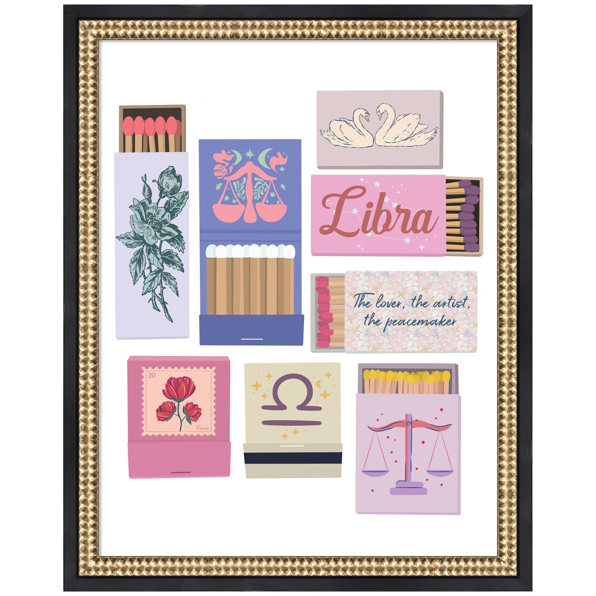 Framed Libra Matchbooks 14x18 FC print by Megan Ryan showing abstract matchbook designs on white background