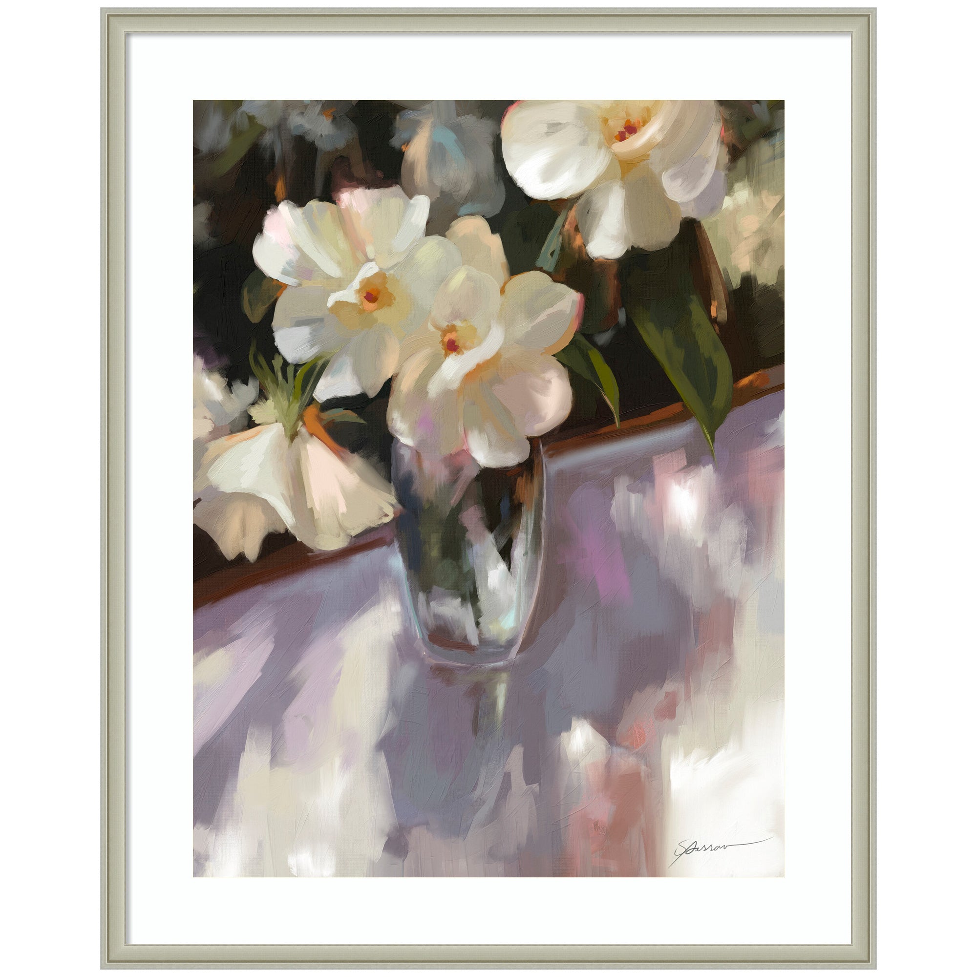 Framed art piece showing Shadow Dance artwork by Mary Sparrow, depicting a glass vase with soft white flowers and green leaves on an abstract background.