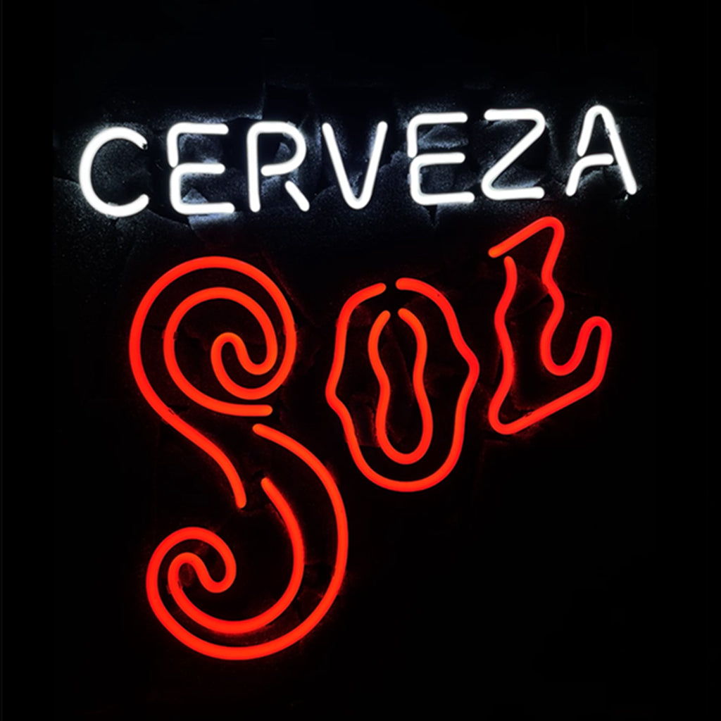 Cerveza Sol Neon Sign showing bright yellow and red neon tubes attached to a metal grid backing.