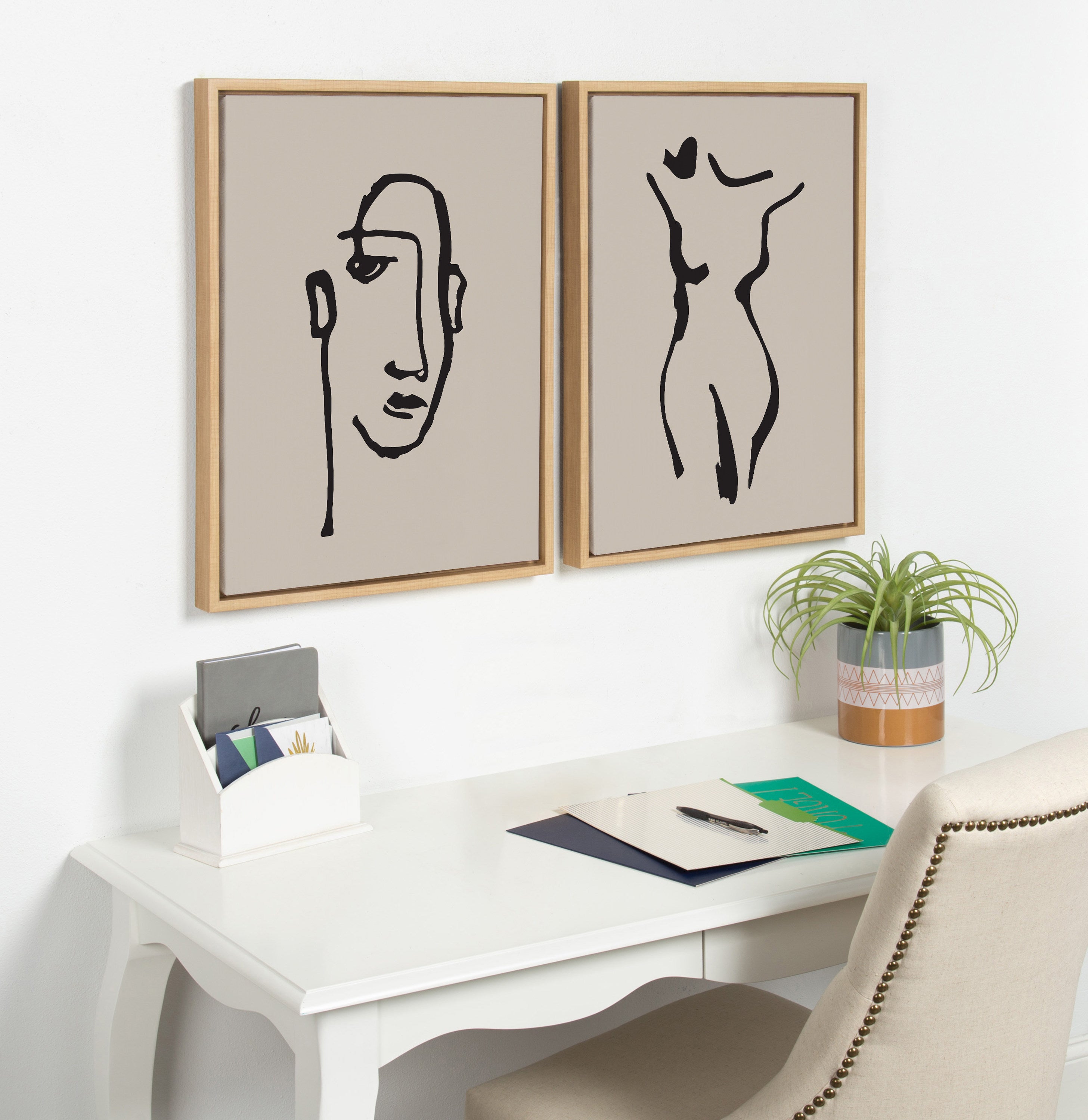Sylvie Minimalist Neutral Line Art Drawing Face Framed Canvas by kateandlaurel - product image 12 for Resin Society
