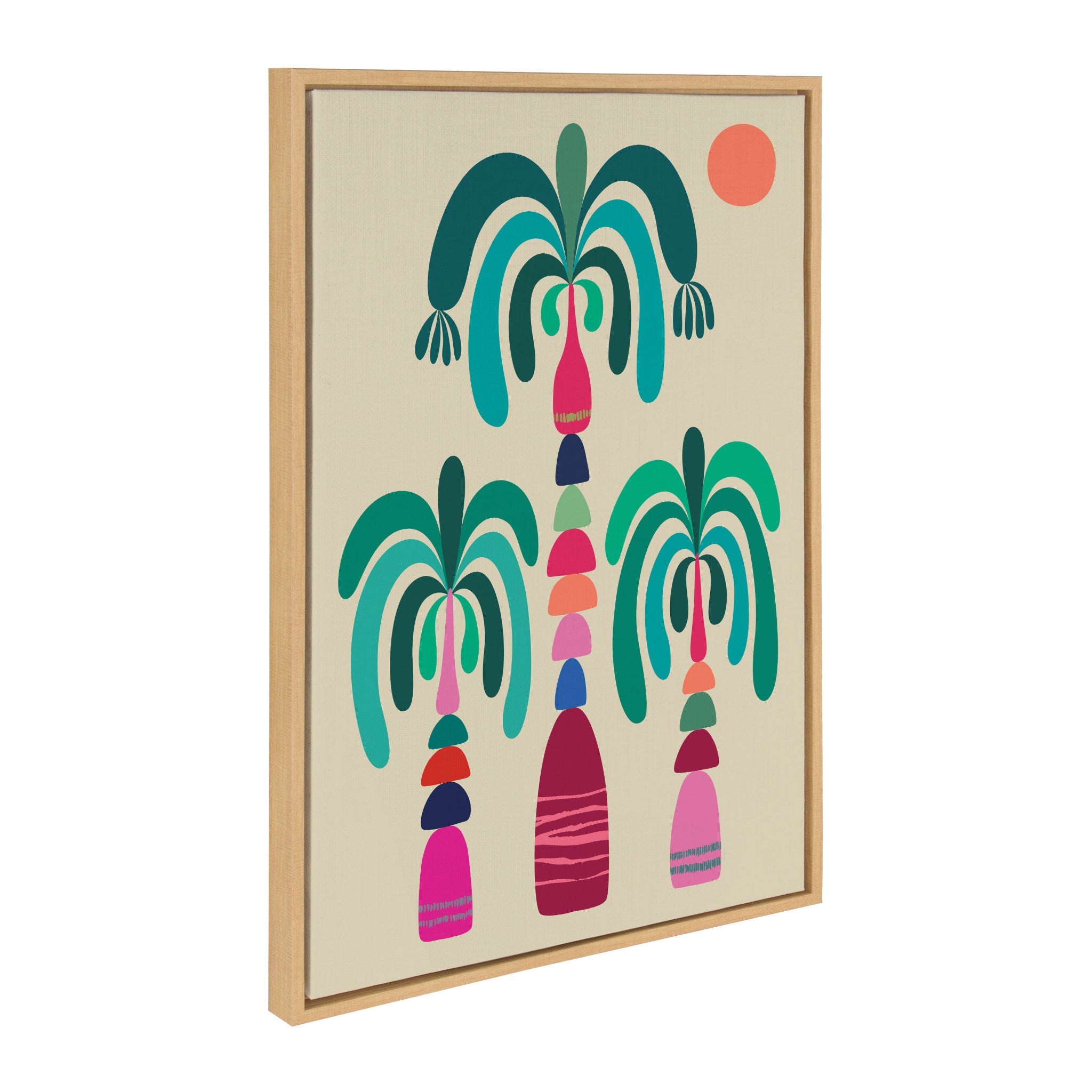 Sylvie MCM Palm Trees framed canvas art showing mid-century style palm tree illustration with natural toned frame