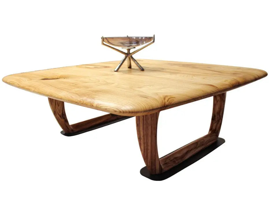 Rustic solid chestnut wood coffee table with chestnut legs in living room setting