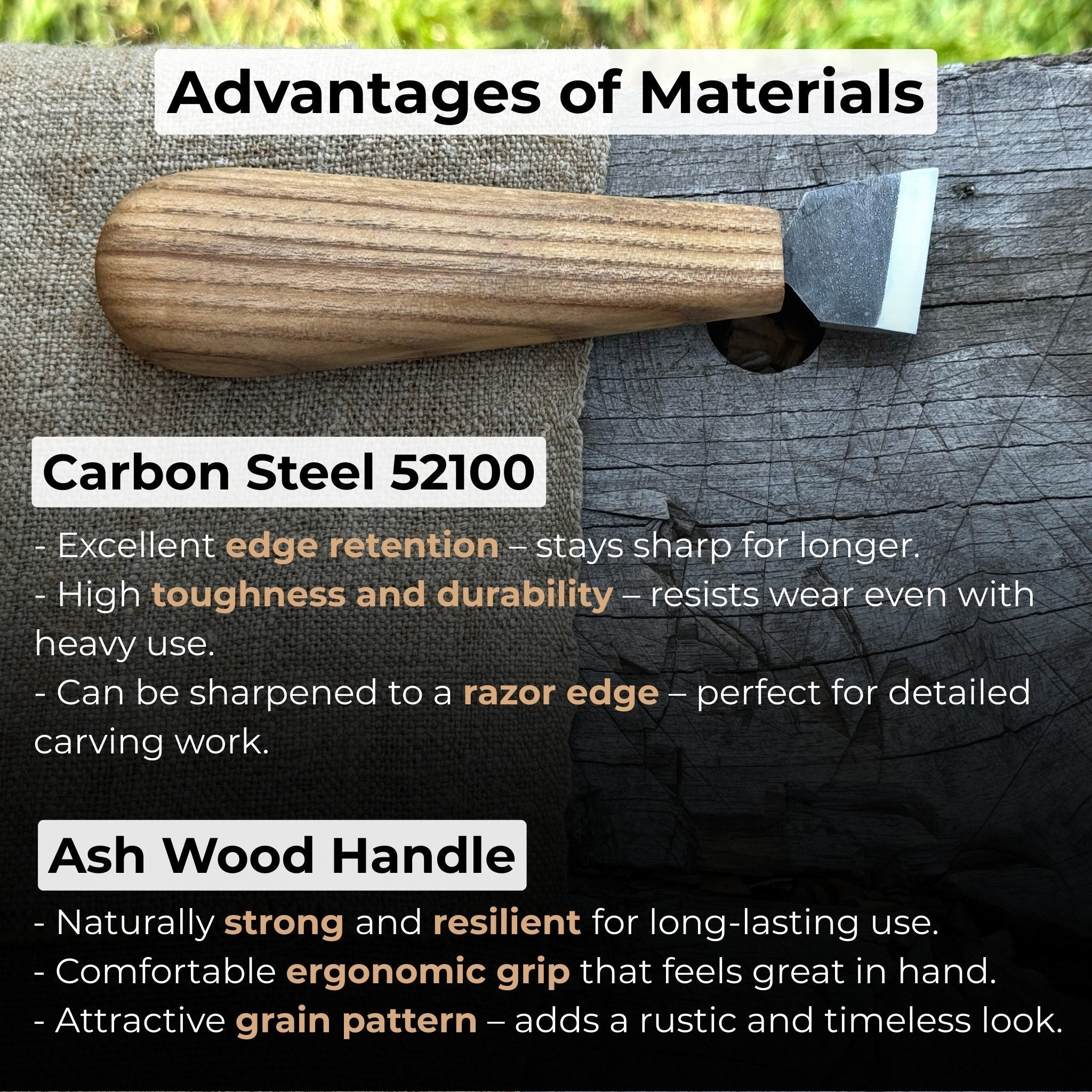 Chip Carving Knife with 3 cm blade and ash wood handle by Sharky Forged Steel Tools