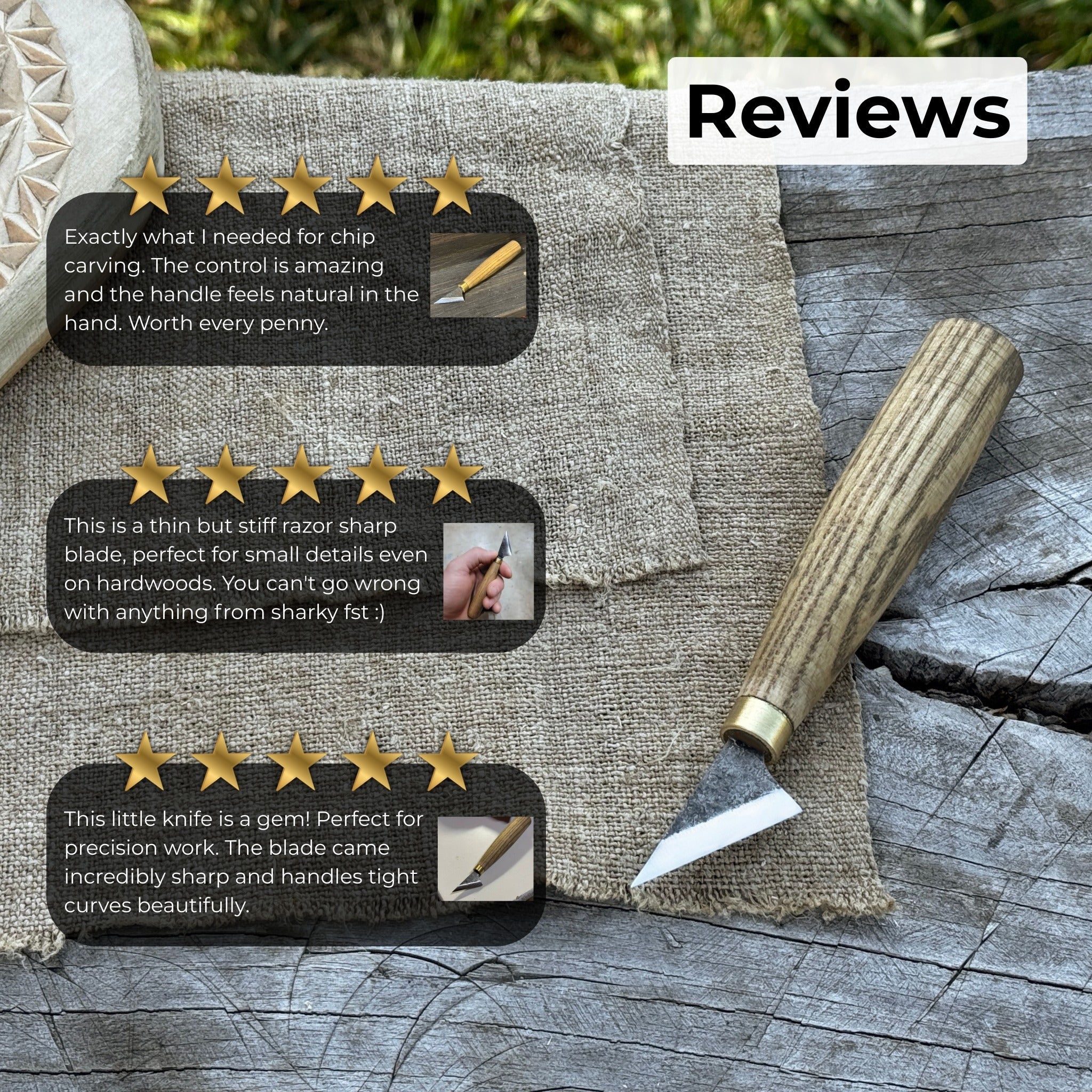 Sharky Forged Steel Tools hand-forged chip carving knife with ash wood handle
