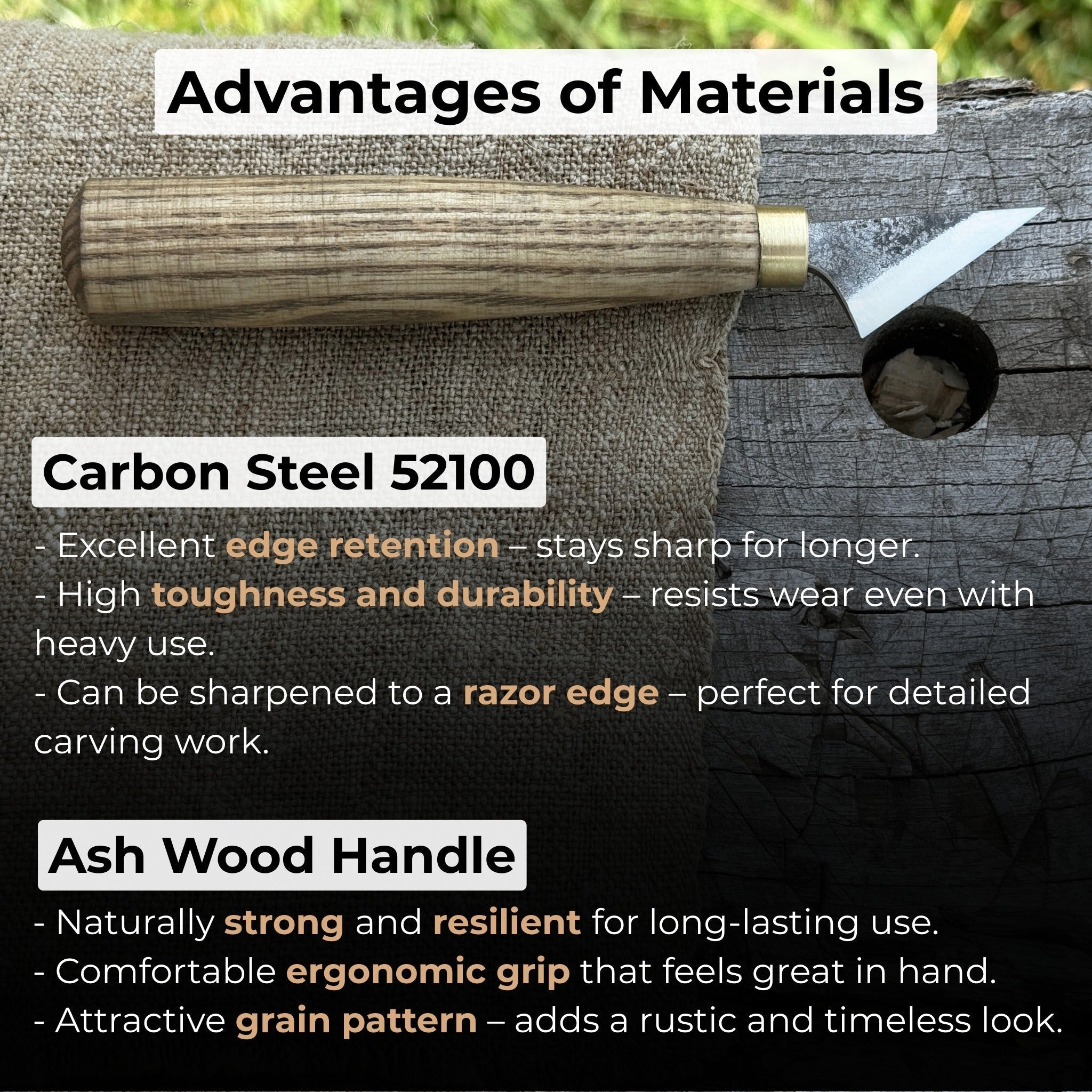 Sharky Forged Steel Tools hand-forged chip carving knife with ash wood handle