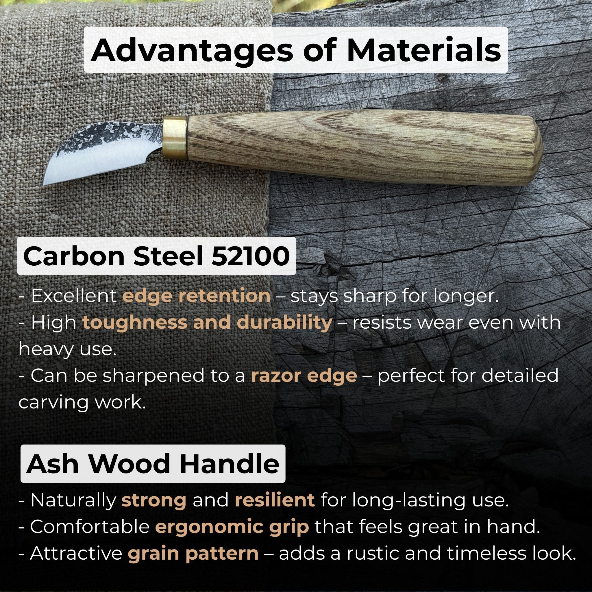 Hand-forged chip carving knife with 3 cm blade and ash wood handle