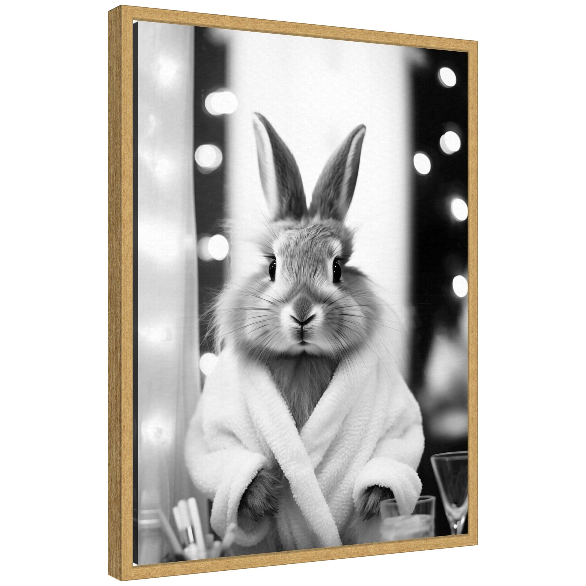 Framed black and white canvas art featuring a stylized bunny in a towel robe by The Creative Bunch Studio