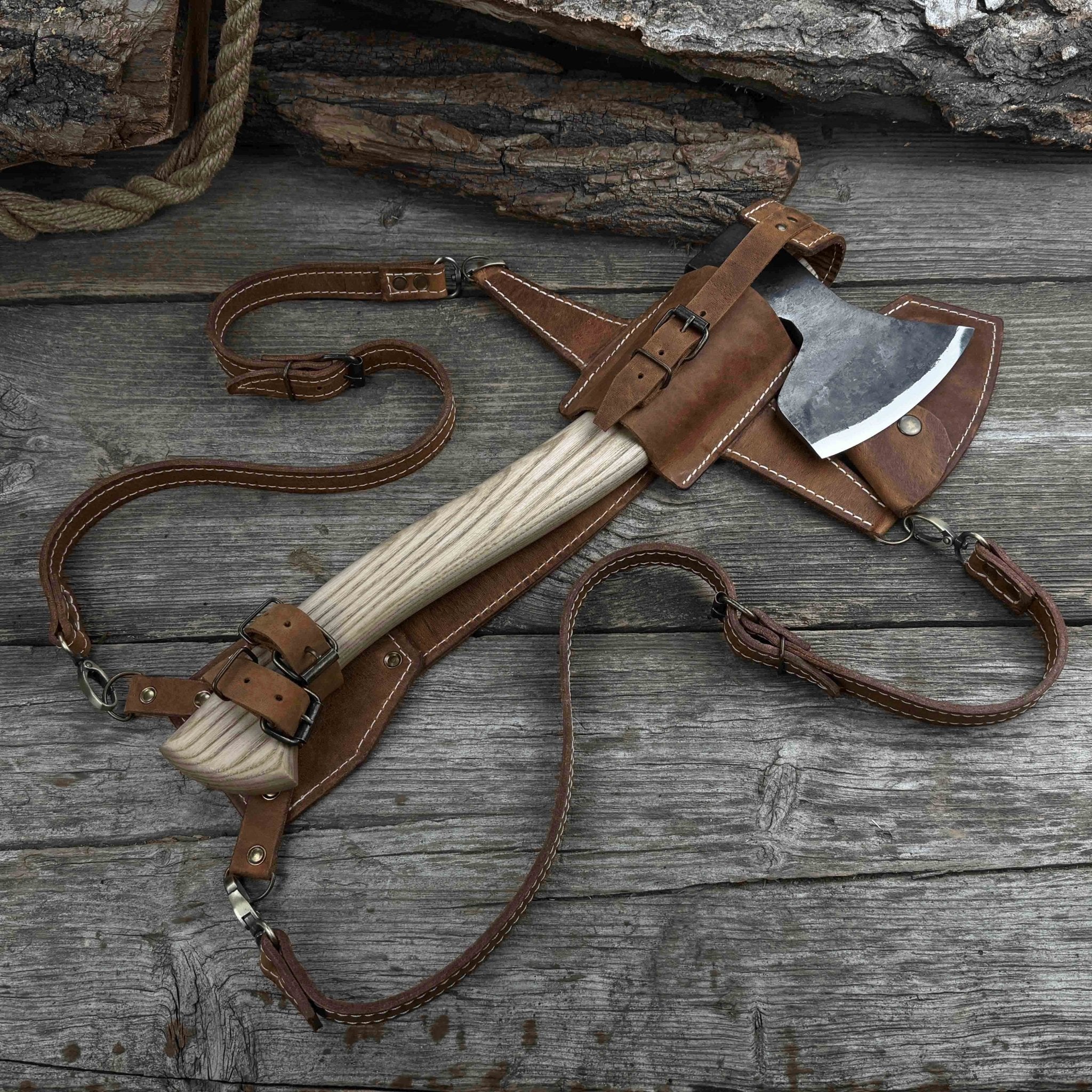 Hand-forged chopping axe with ash wood handle and leather back carry pouch