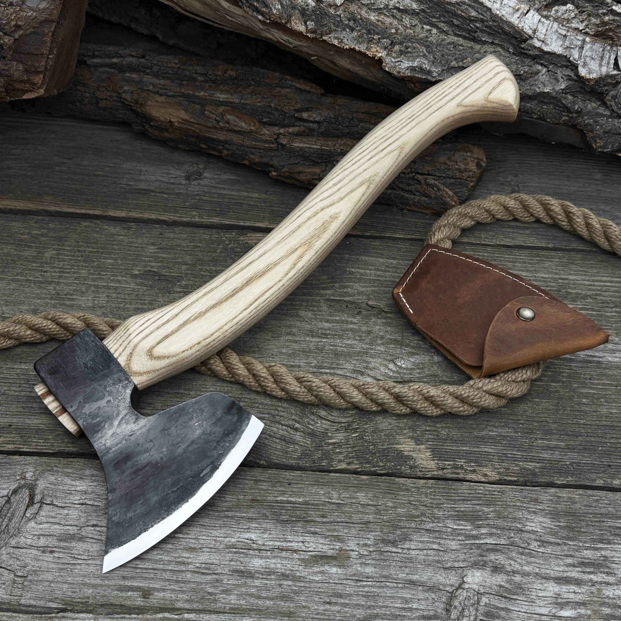Hand-forged chopping axe with ash wood handle and leather back carry pouch