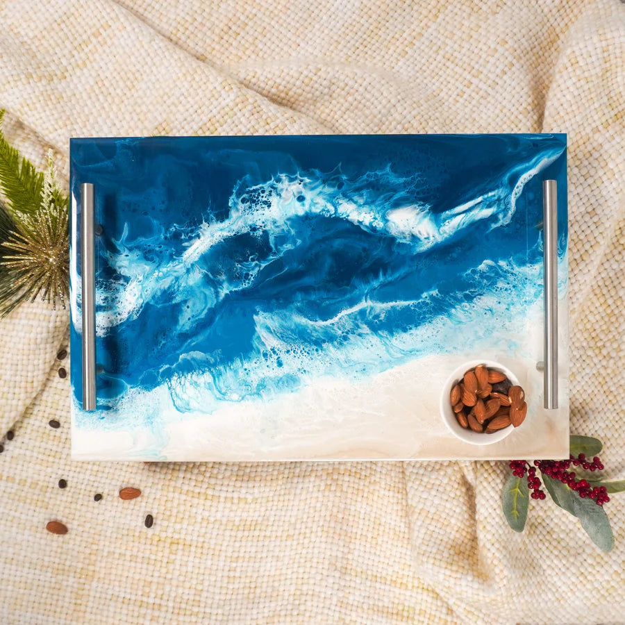 Decorative Acrylic Resin Serving Tray with blue wave design on a textured surface