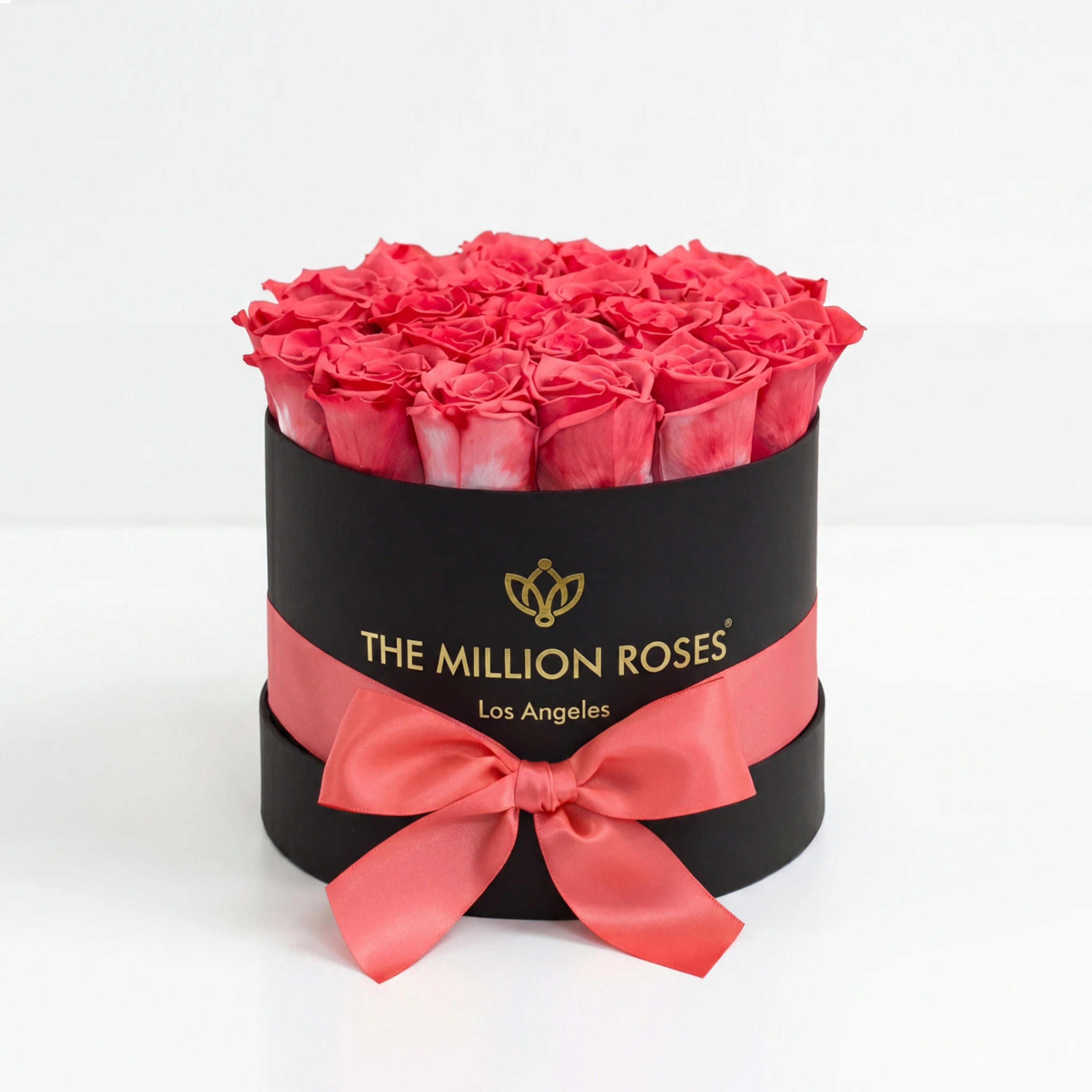 Classic Black Box with coral roses arranged neatly inside a clean black square box