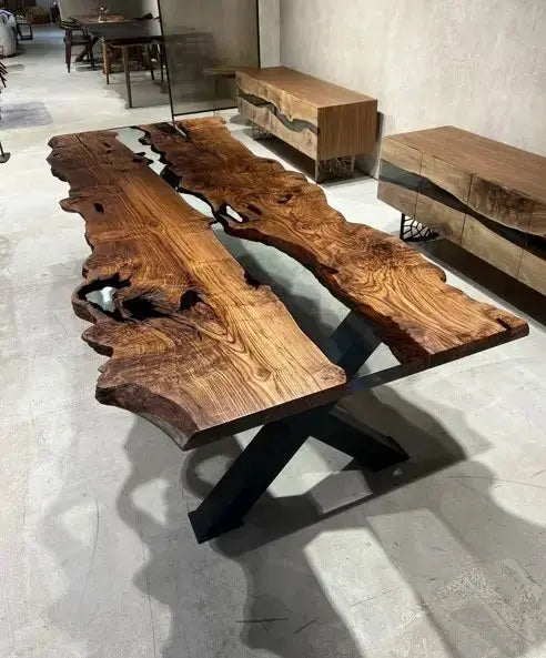Live edge chestnut wood dining table with epoxy resin river and black legs