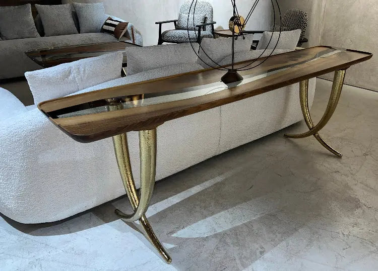 Ivory Collection epoxy resin sofa and console table made of walnut wood with golden aluminum legs