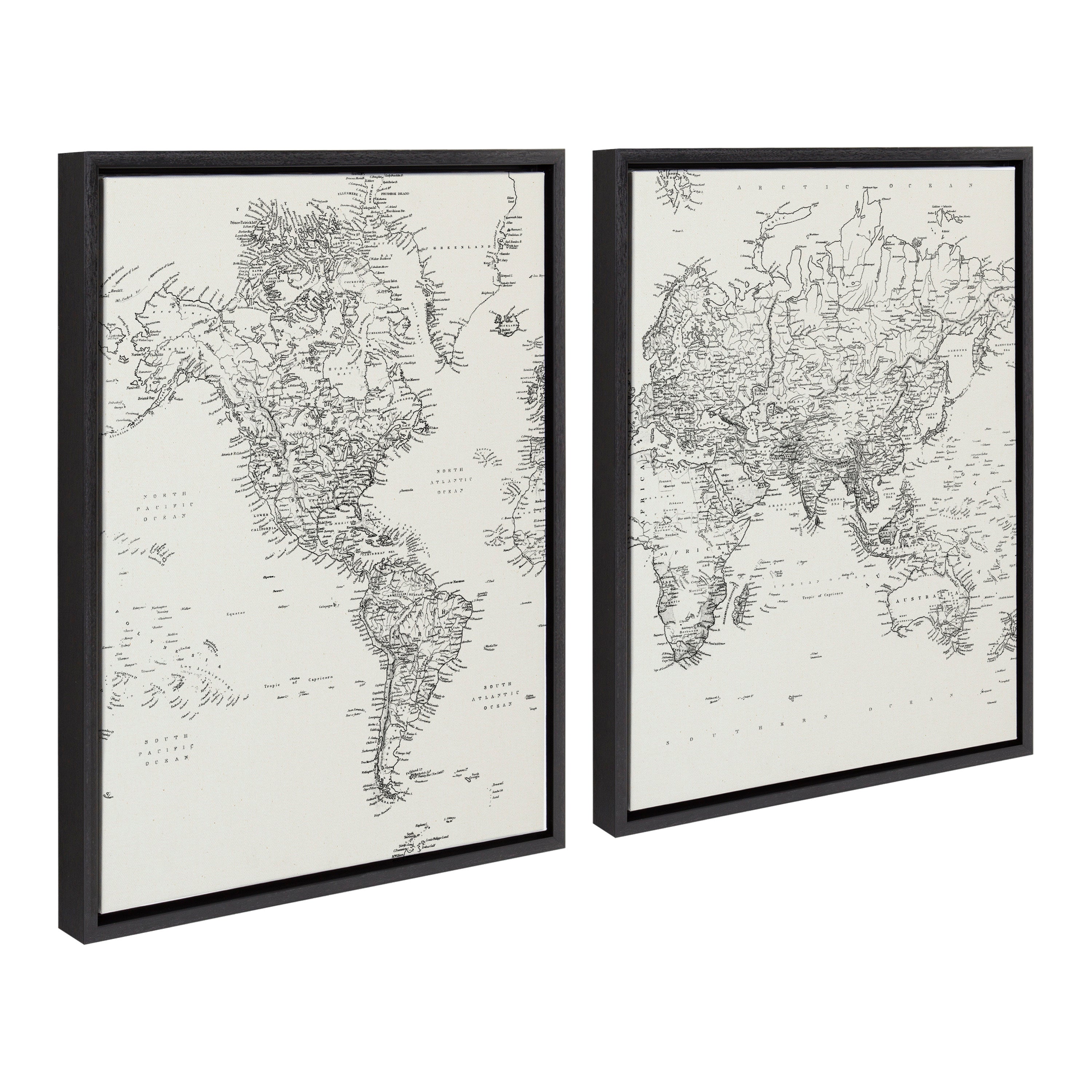 Sylvie Vintage Black and White World Map Framed Canvas Set by kateandlaurel - product image 2 for Resin Society