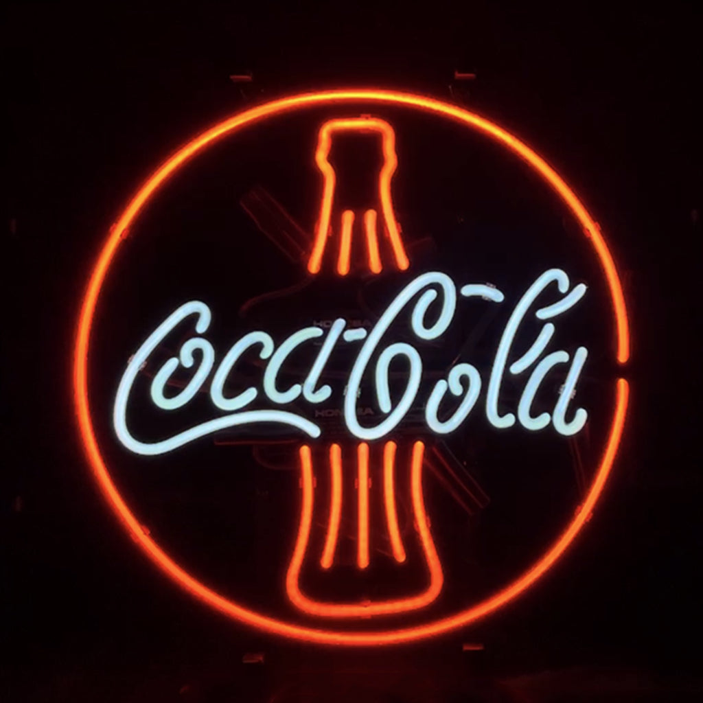 Coca Cola Bottle Neon Sign Light with red and white glass tubes on a metal backing