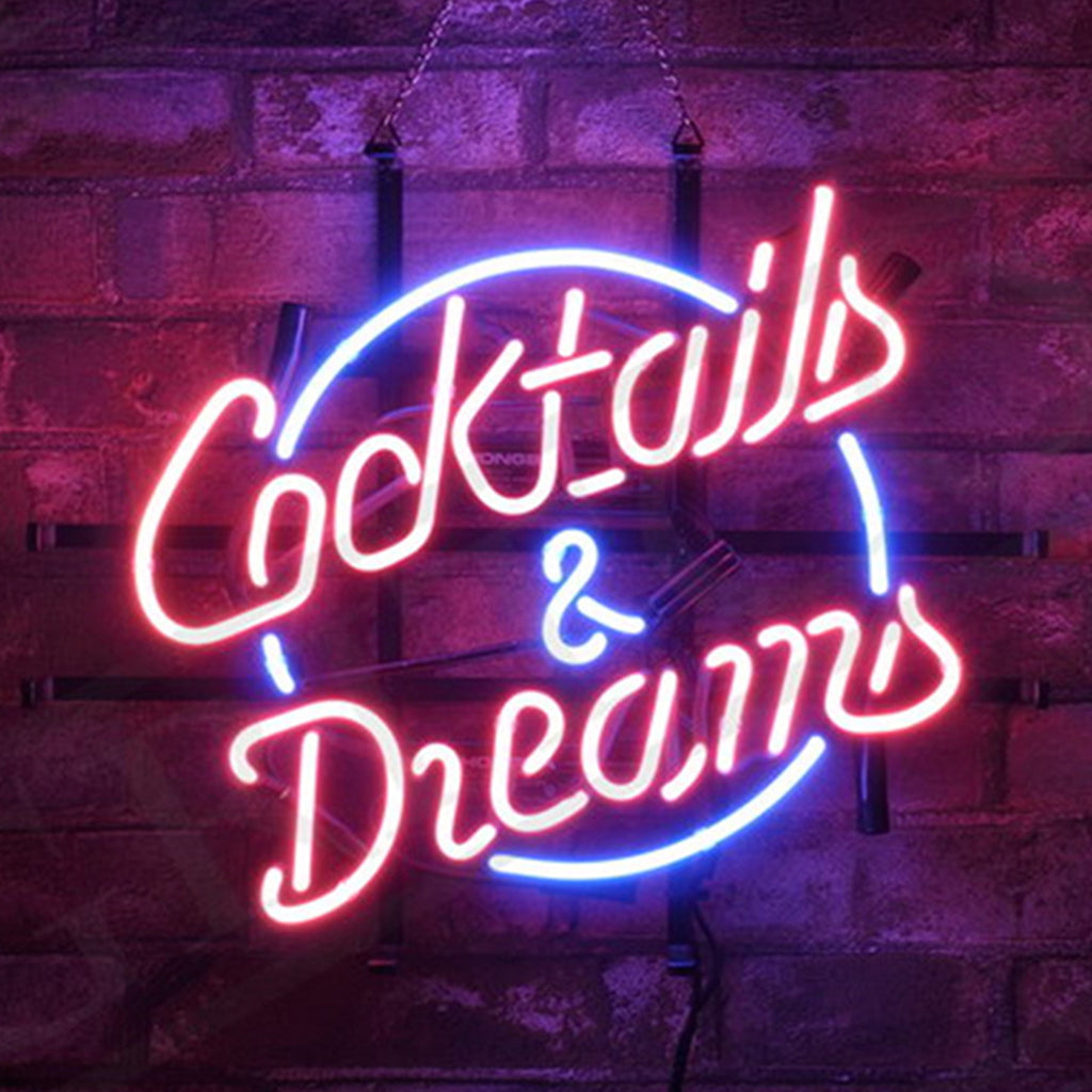 Coctails&Dreams Neon Sign Light glowing with vibrant pink neon on a metal grid backing