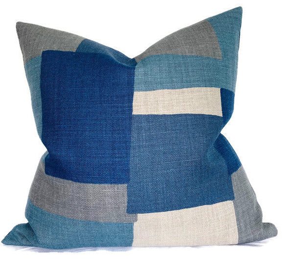Collage Pillow Cover in Indigo Gray with ivory linen back on sofa