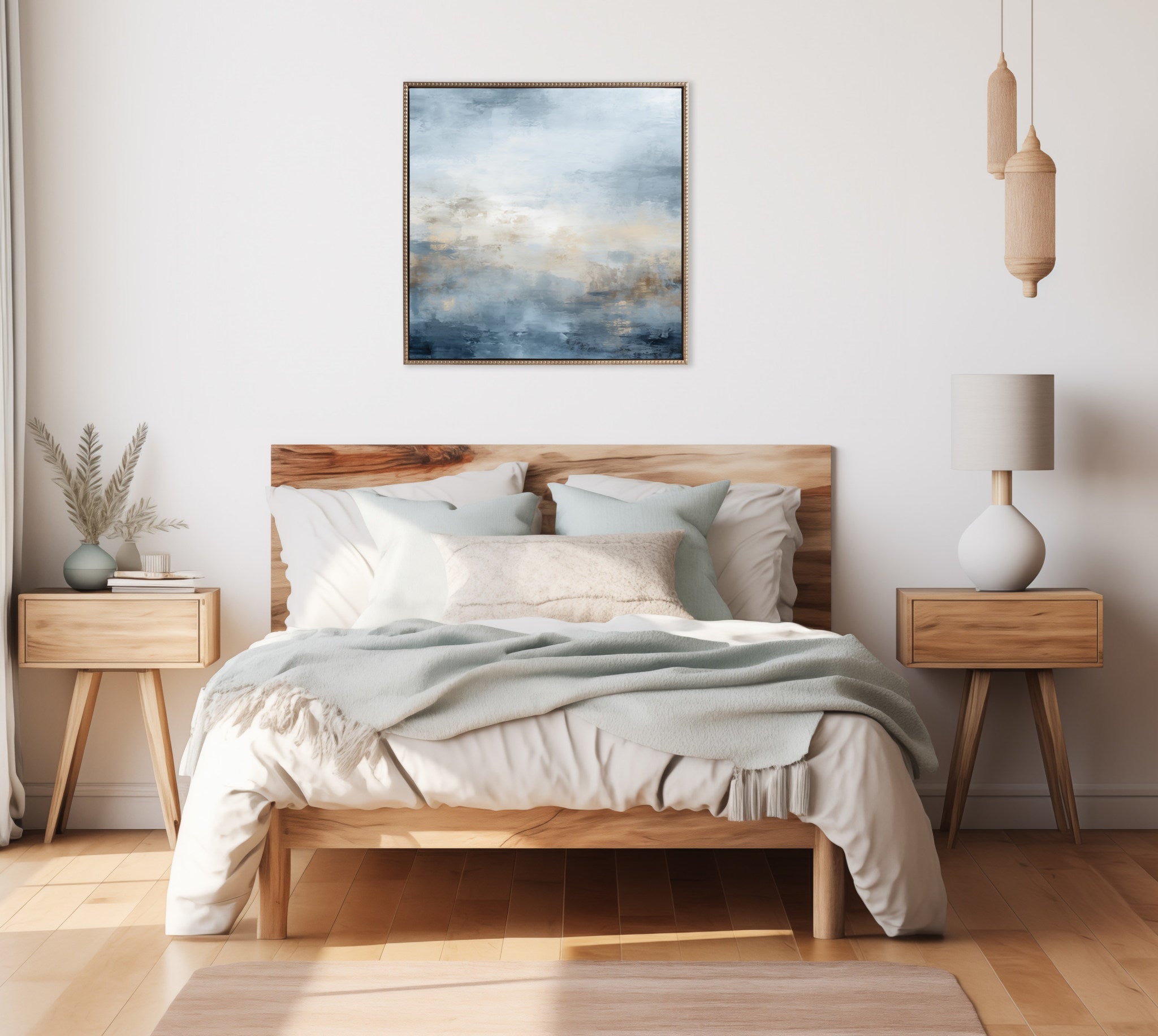 Sylvie Beaded Tonal Abstract Blue Framed Canvas by The Creative Bunch Studio