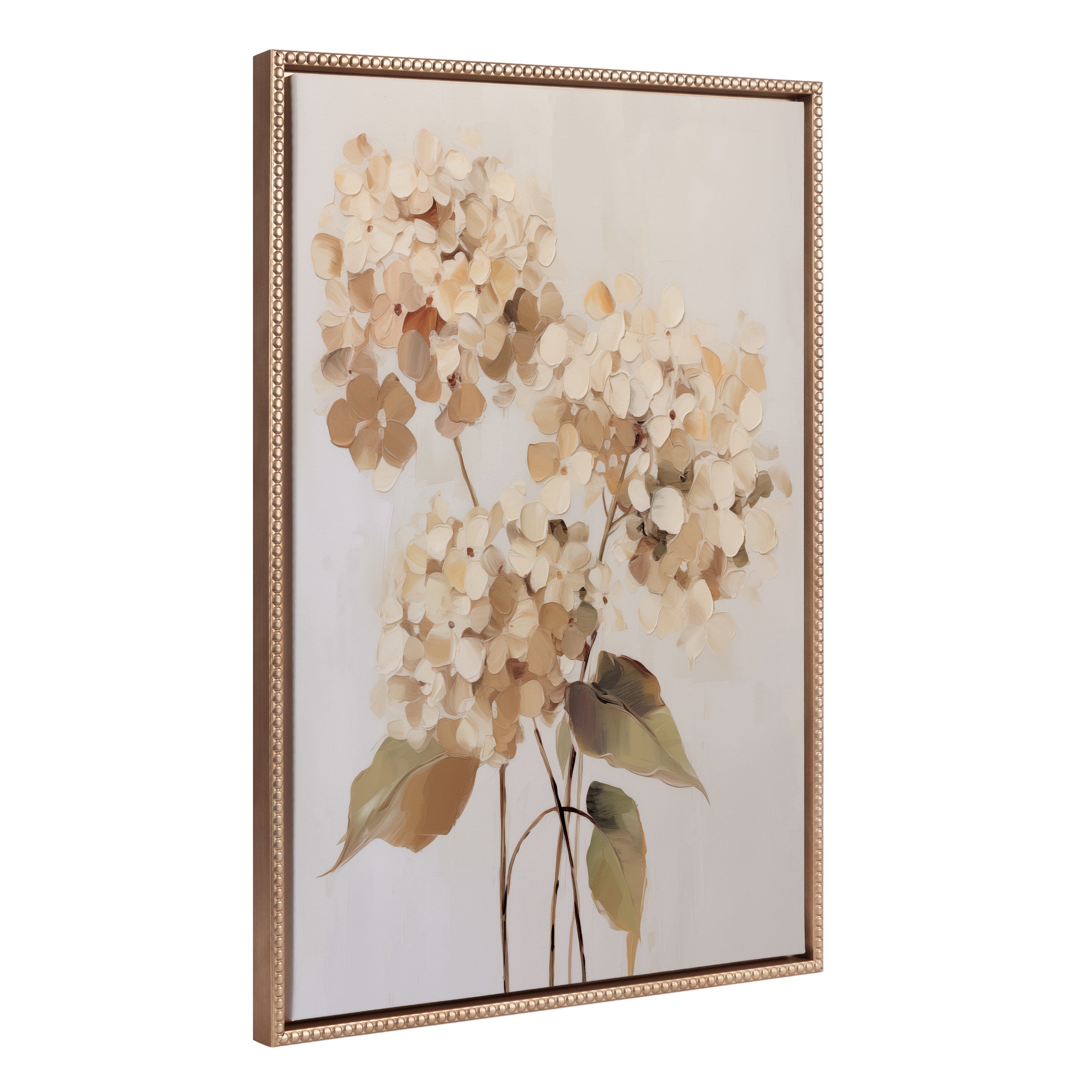 Sylvie Beaded Soft Hydrangeas framed canvas art showing delicate pale hydrangea flowers against neutral background in floating vintage frame.