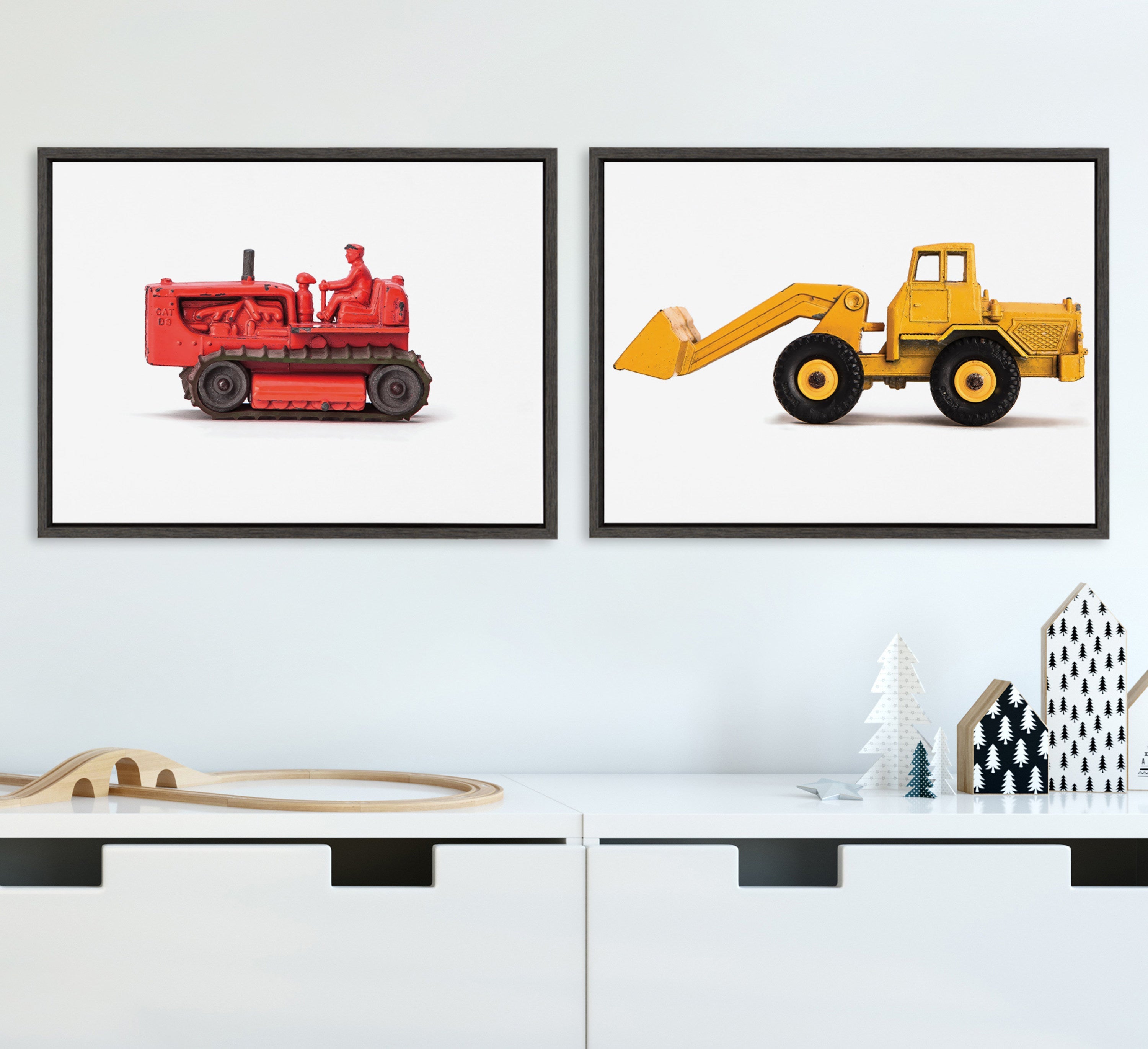 Sylvie Vintage Toy Bulldozer Red and Vintage Toy Front End Loader Yellow Framed Canvas Art Set by Saint and Sailor Studios