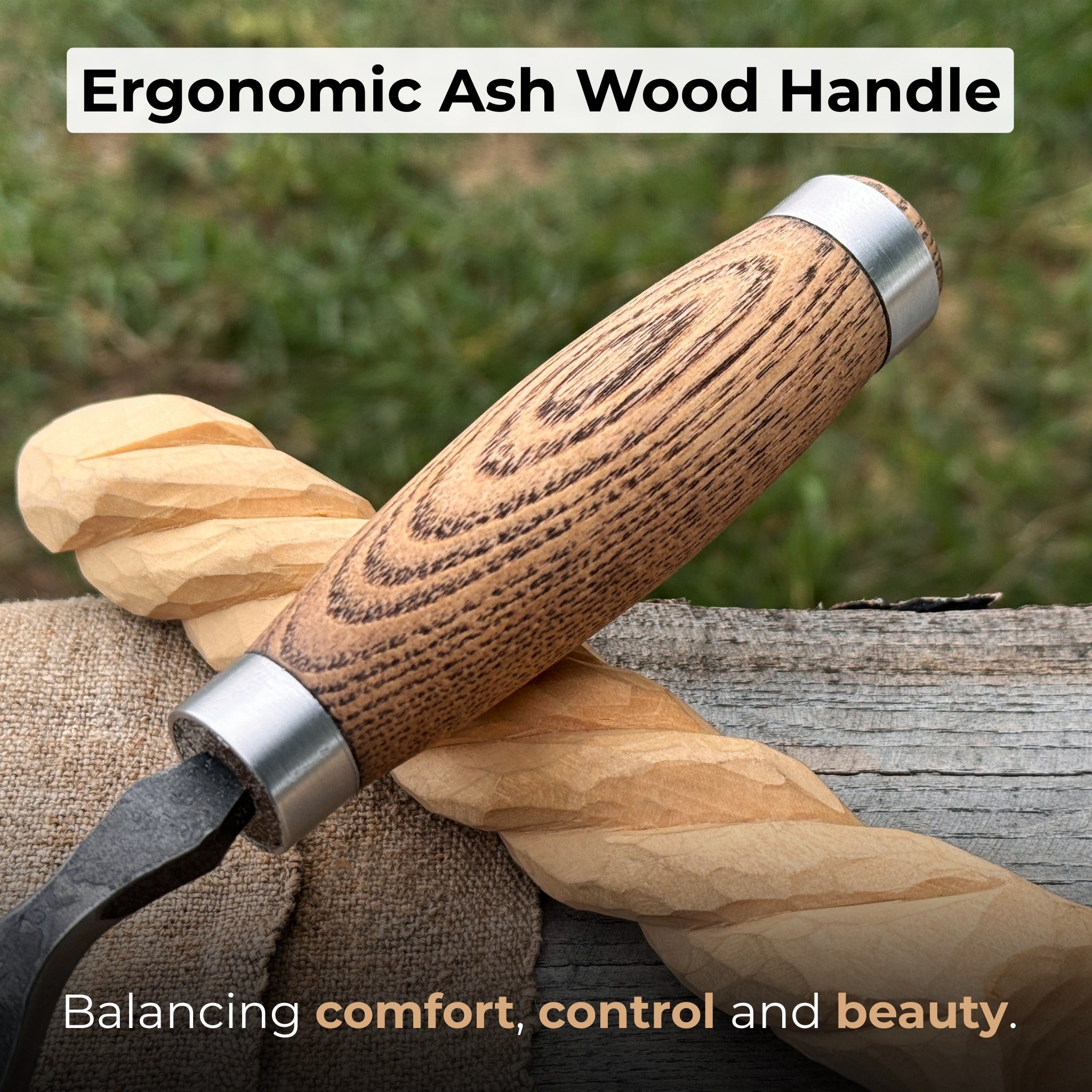 Hand-forged curved bowl gouge with ash wood handle for wood carving