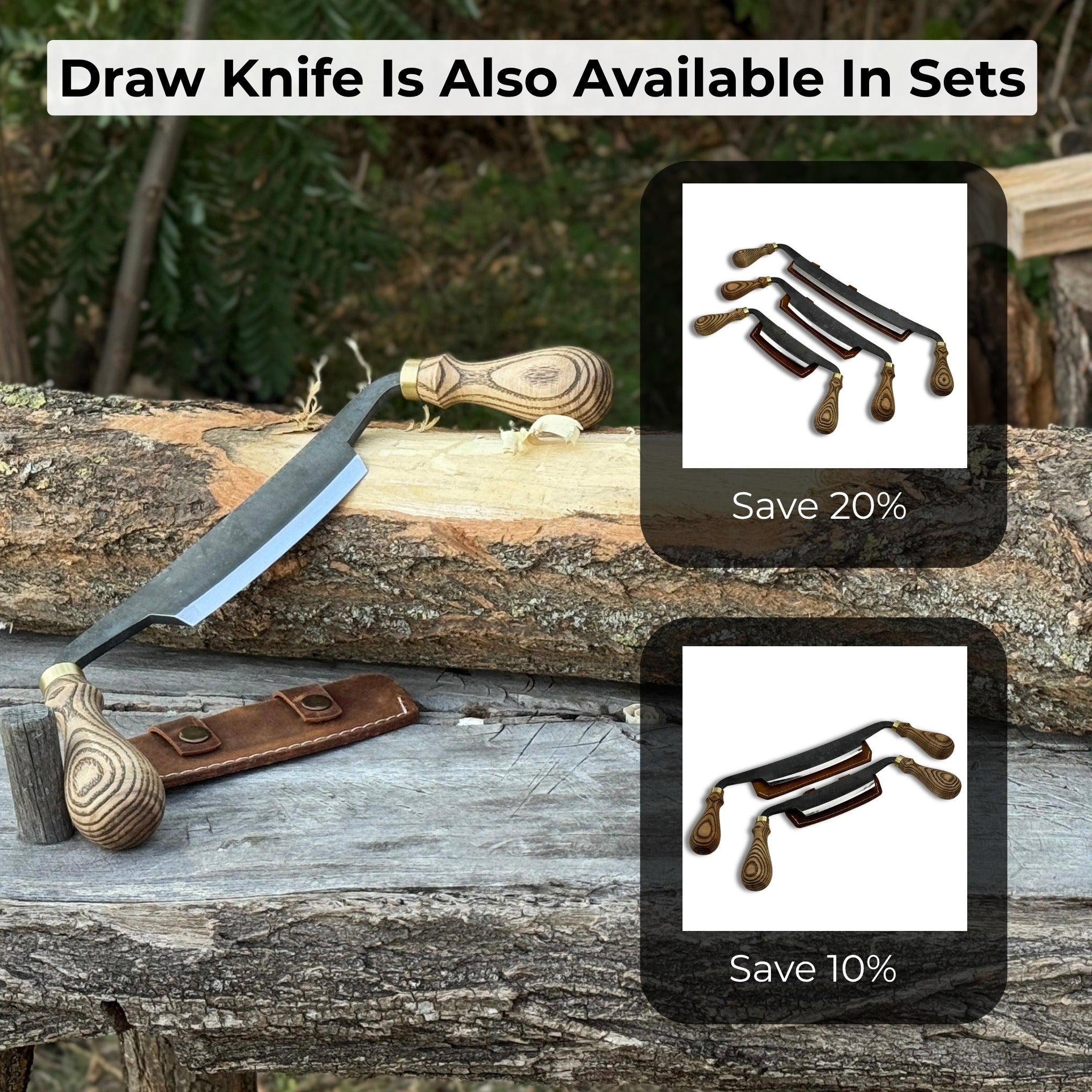 Curved draw knife with 10.5 cm cutting edge and ash wood handle by Sharky Forged Steel Tools