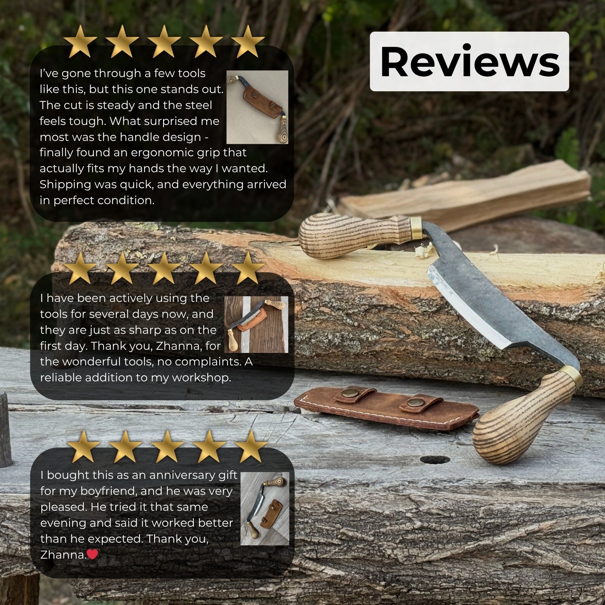 Curved draw knife with 10.5 cm cutting edge and ash wood handle by Sharky Forged Steel Tools