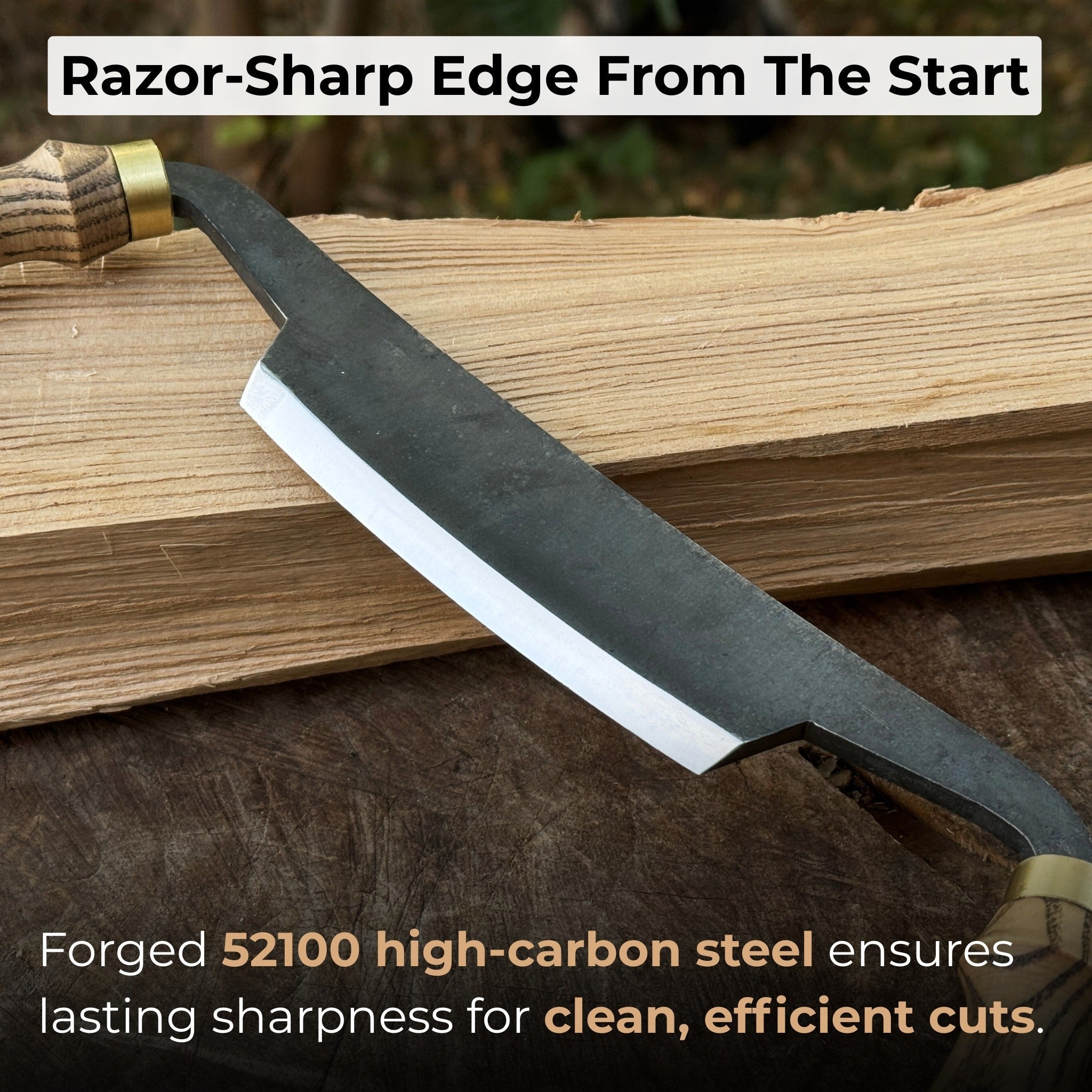 Curved draw knife with 10.5 cm cutting edge and ash wood handle by Sharky Forged Steel Tools