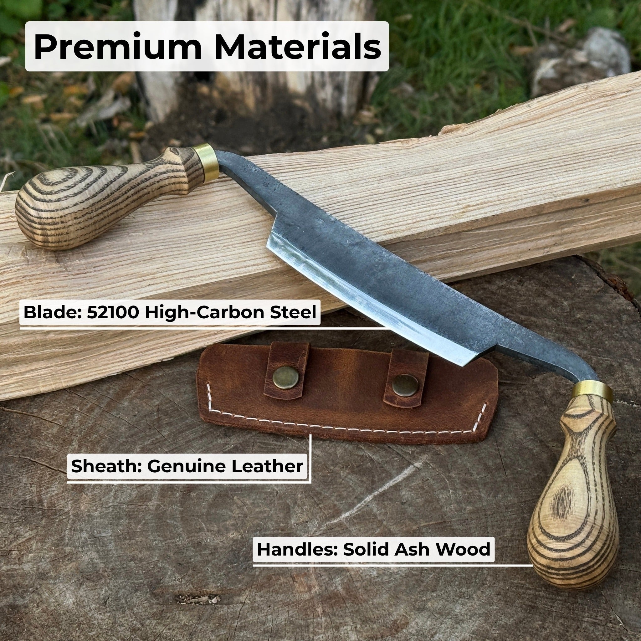 Curved draw knife with 10.5 cm cutting edge and ash wood handle by Sharky Forged Steel Tools
