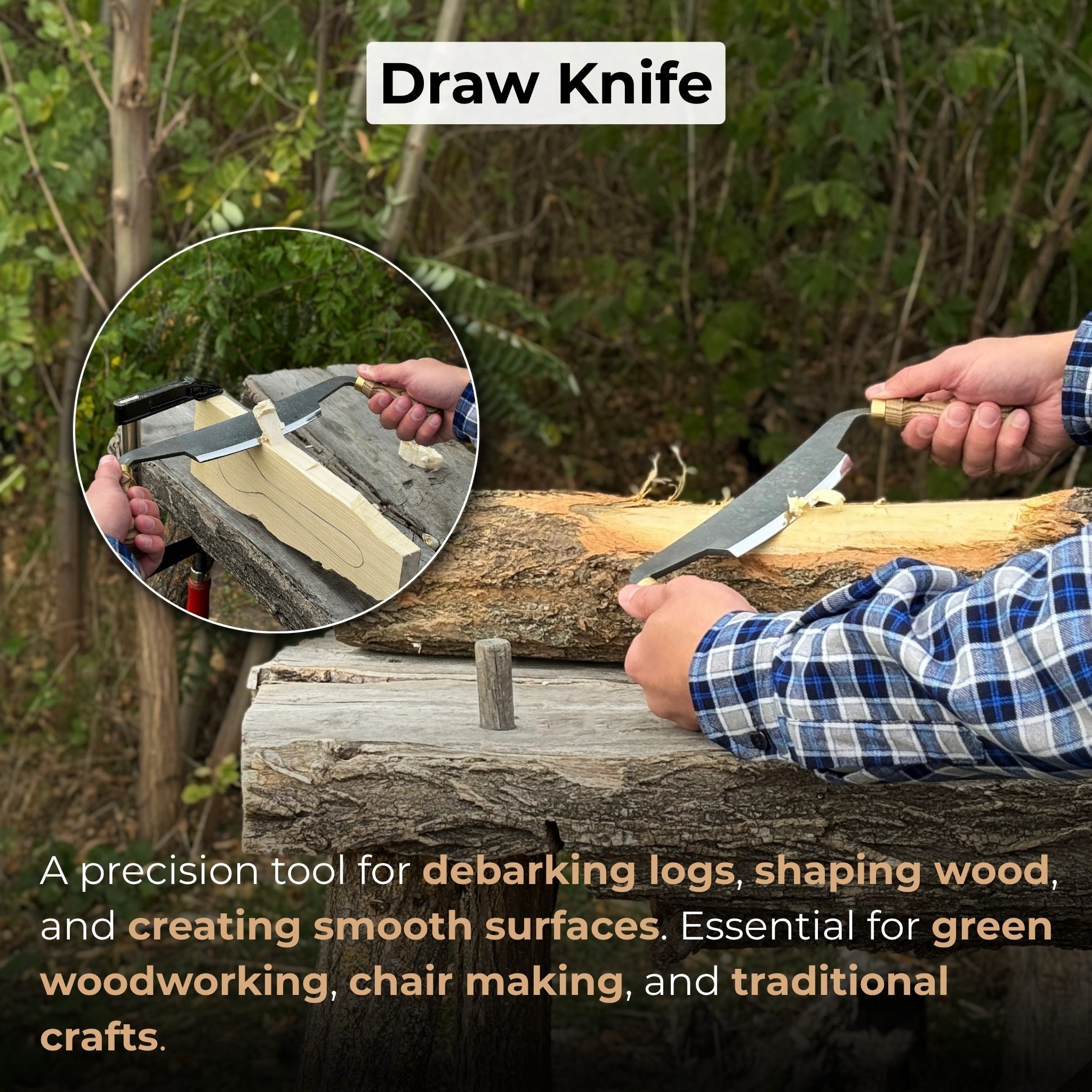 Curved Draw Knife with 14.5 cm cutting edge and ash wood handle by Sharky Forged Steel Tools