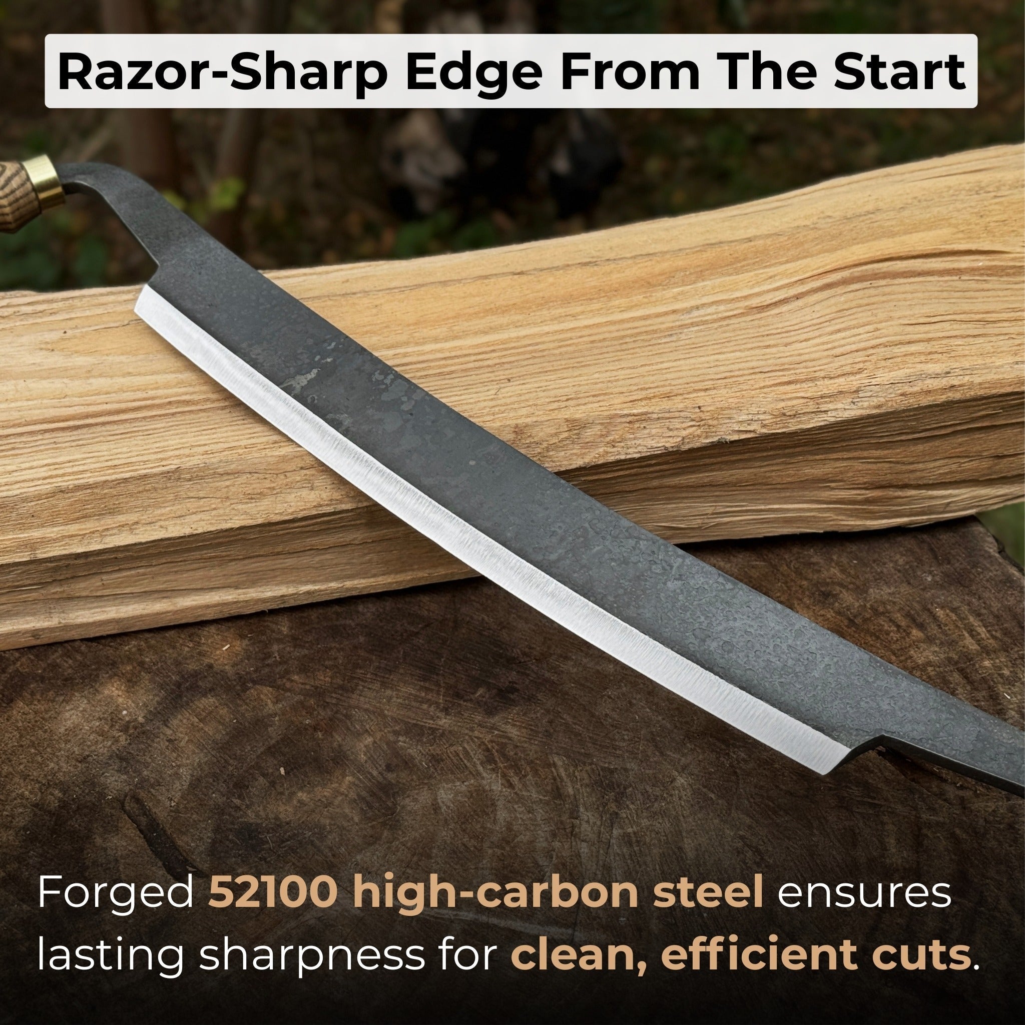 Hand-forged curved draw knife with 25.5 cm cutting edge and ergonomic ash handle